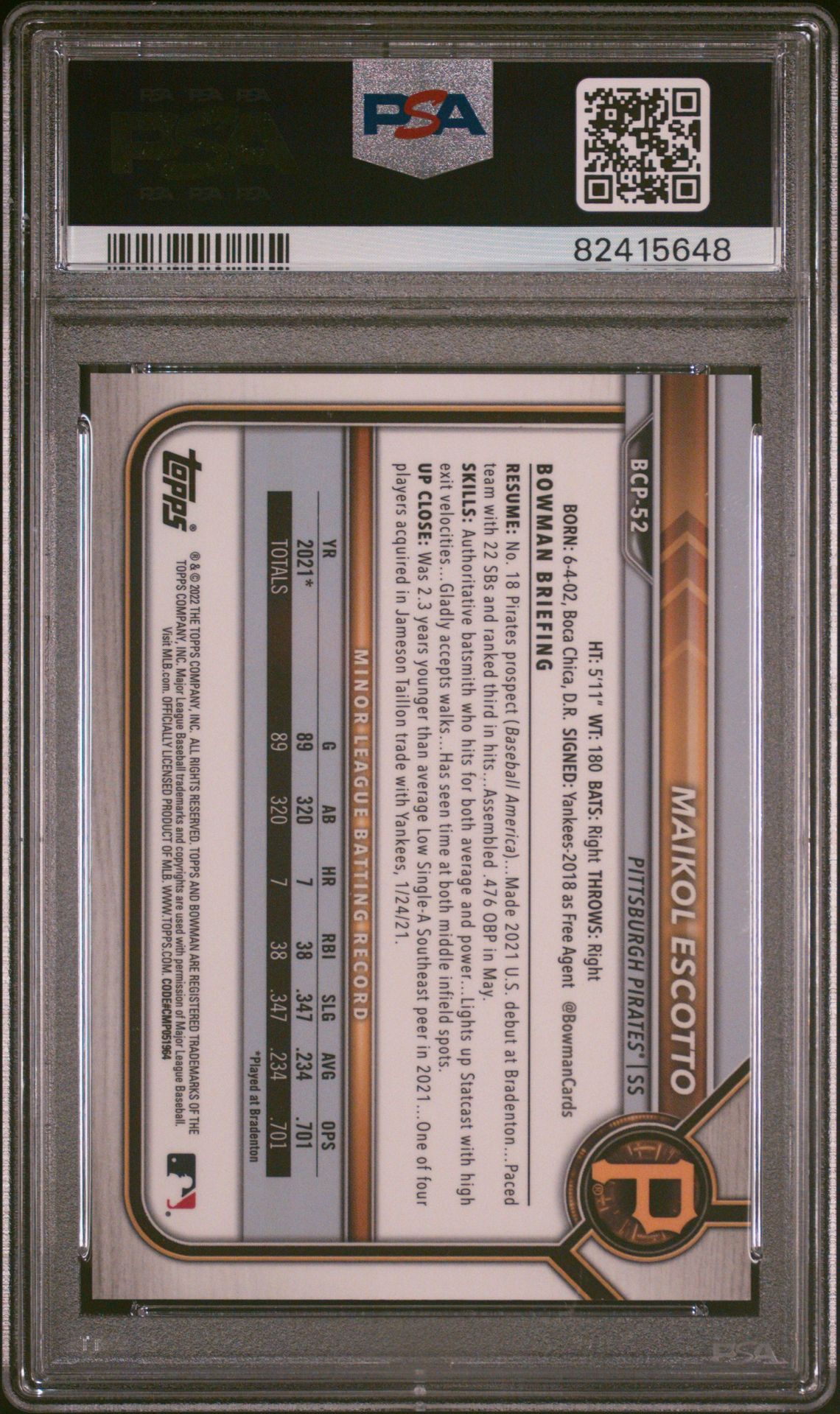 2022 Bowman Sapphire Edition Chrome Prospects Maikol Escotto #Bcp52 (Chrome Prospects-Aqua) Mint 9 back