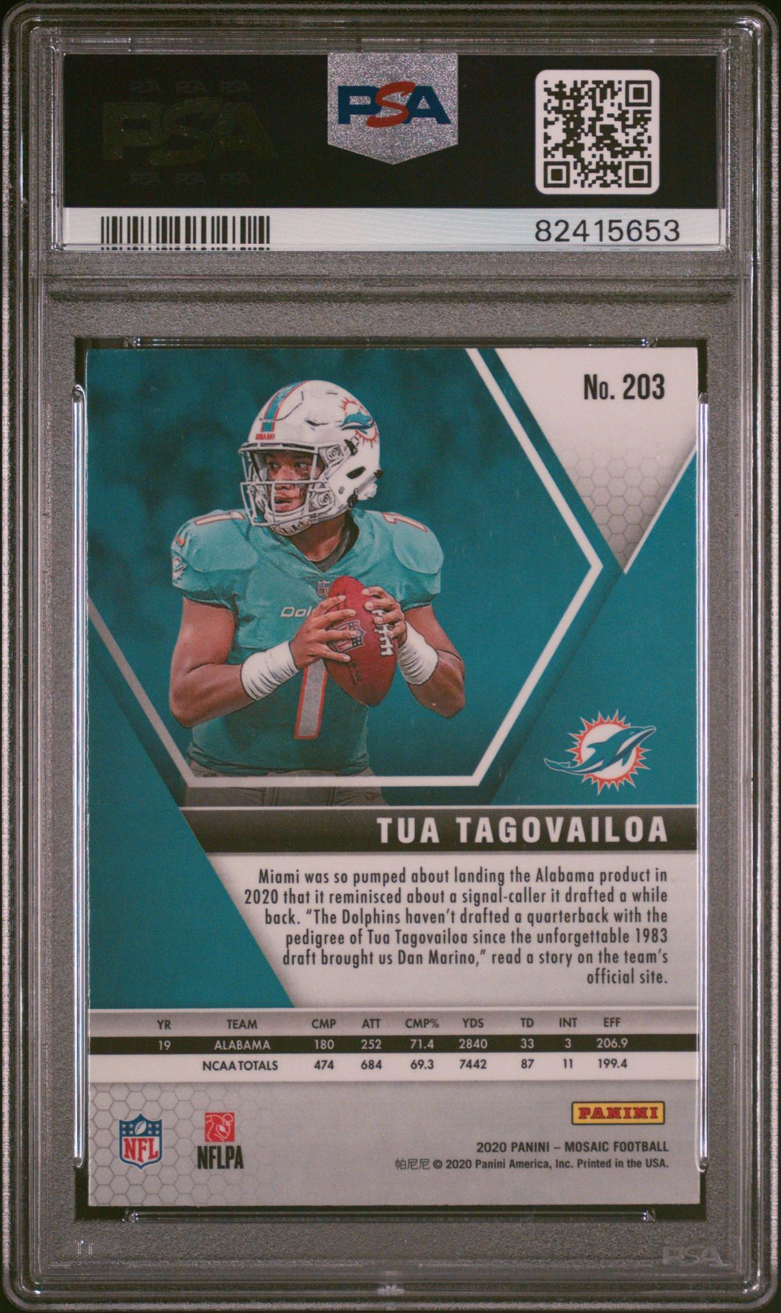 2020 Panini Mosaic Tua Tagovailoa #203 Mint 9 back