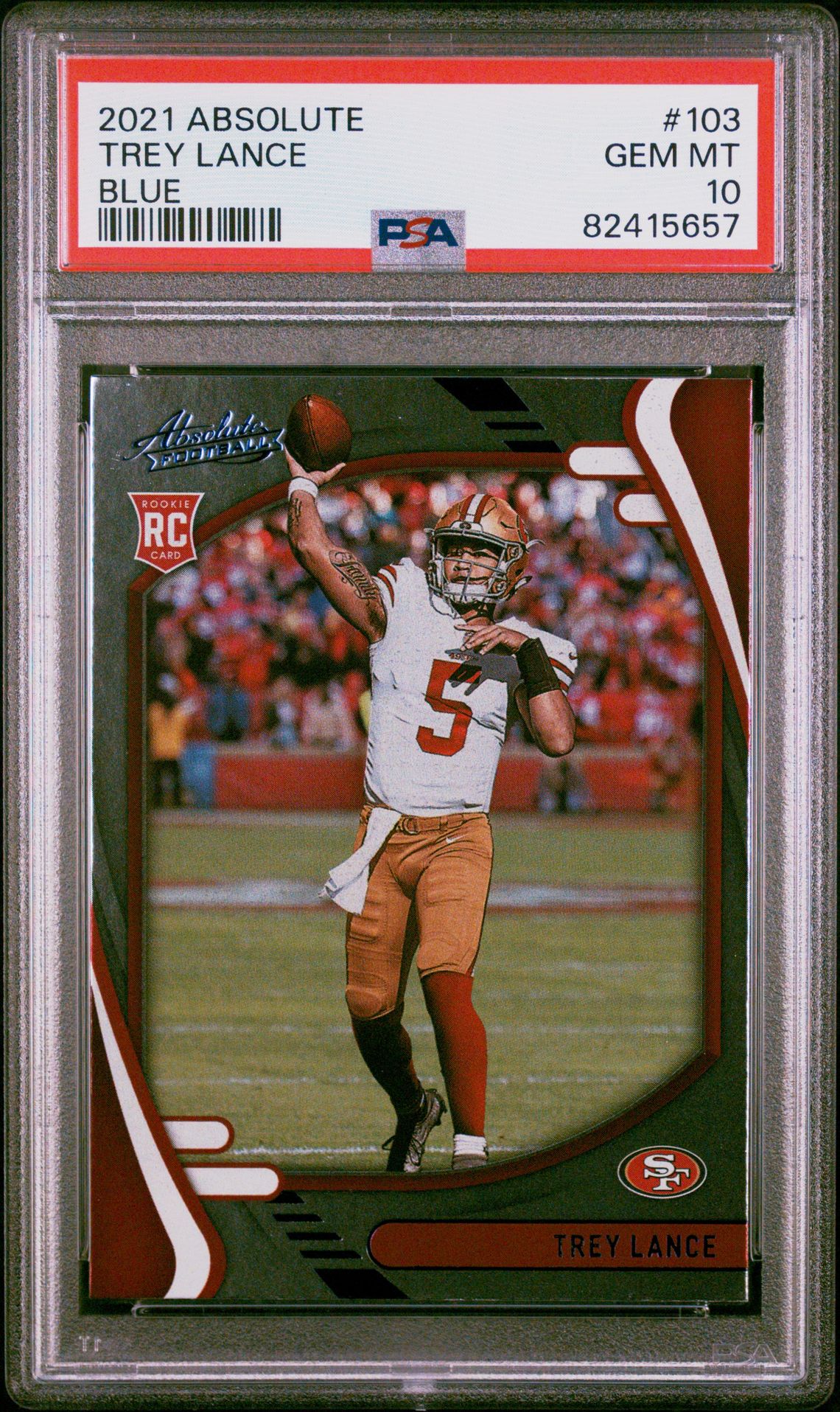 2021 Panini Absolute Trey Lance #103 (Blue) Gem Mt 10 front view - PSA graded GEM MT 10