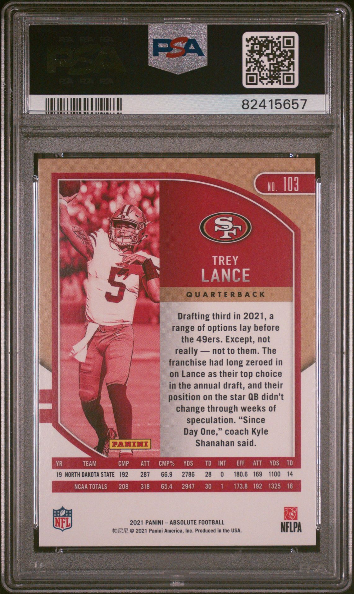 2021 Panini Absolute Trey Lance #103 (Blue) Gem Mt 10 back view - PSA certificate #82415657