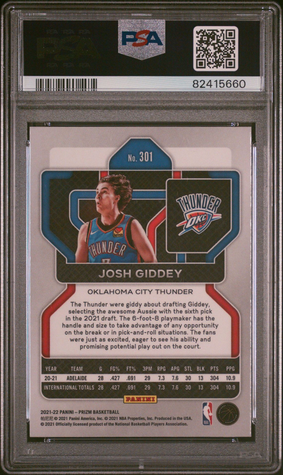 2021 Panini Prizm Josh Giddey #301 Mint 9 back