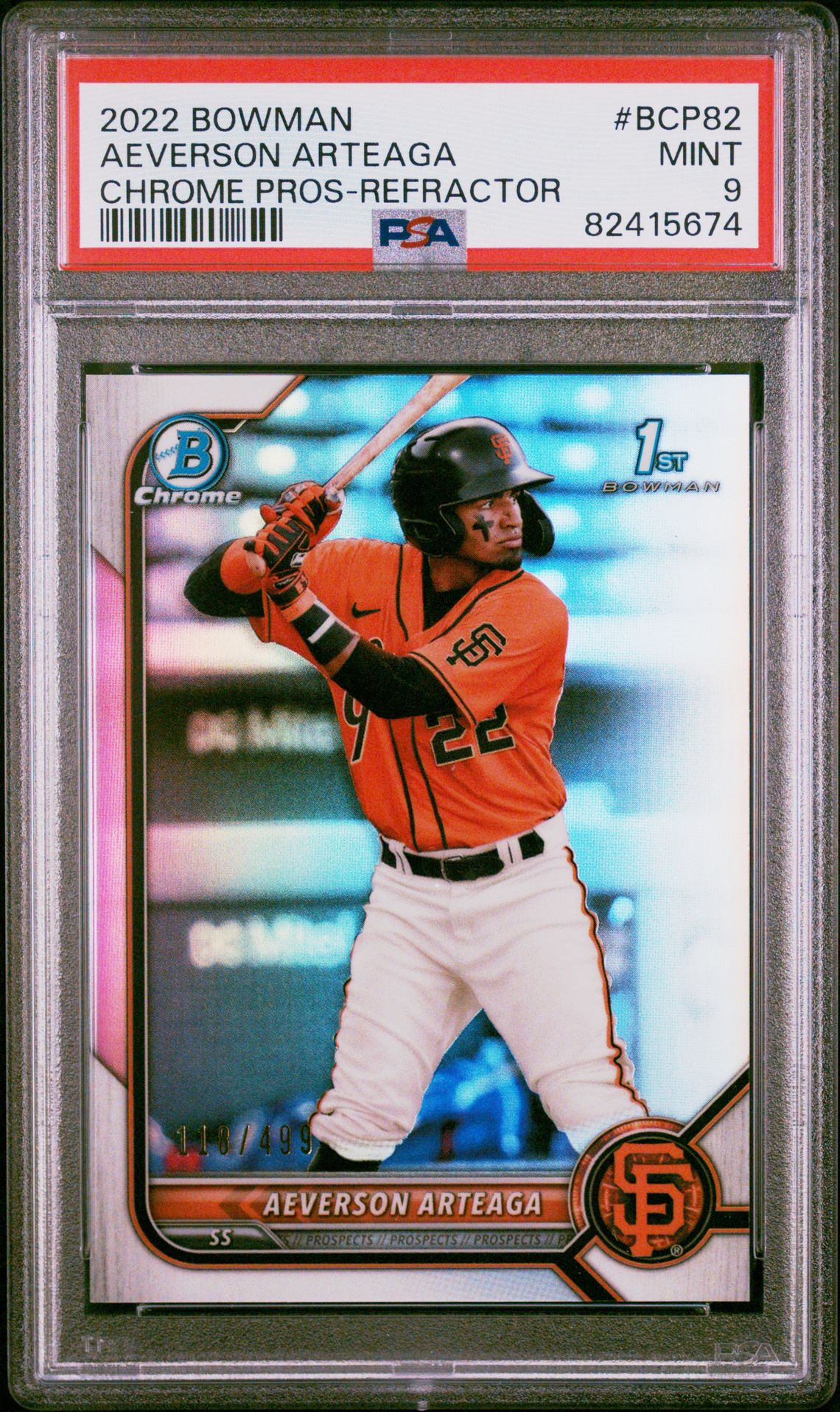 2022 Bowman Chrome Prospects Aeverson Arteaga #Bcp82 (Chrome Pros-Refractor) Mint 9 front