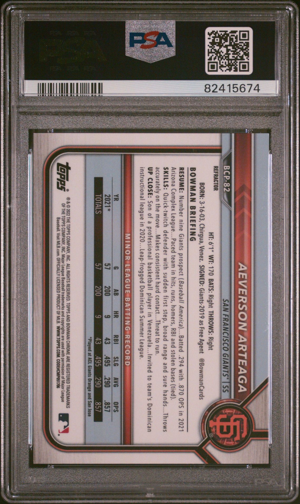 2022 Bowman Chrome Prospects Aeverson Arteaga #Bcp82 (Chrome Pros-Refractor) Mint 9 back