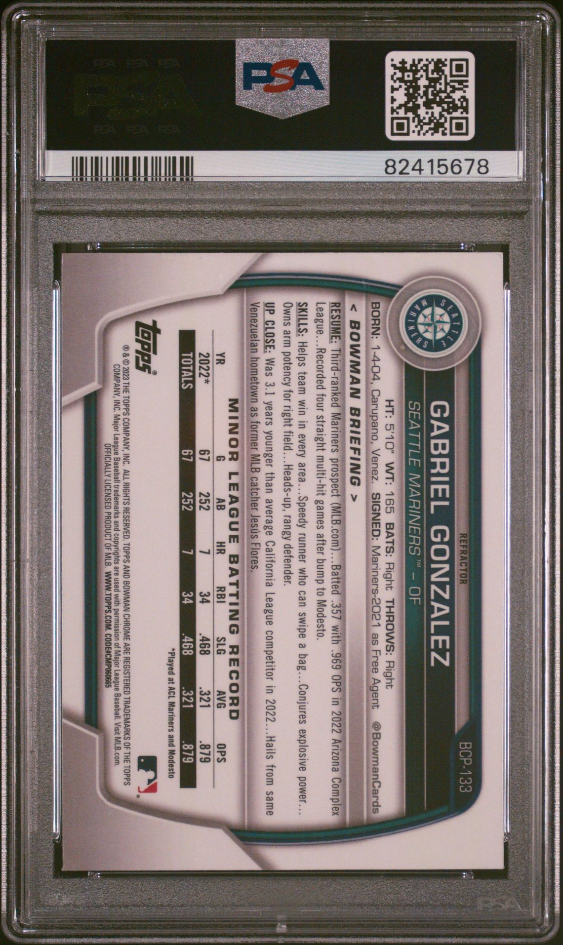2023 Bowman Chrome Prospects Gabriel Gonzalez #Bcp133 (Chr Pros-Lunar Glow Ref) Mint 9 back