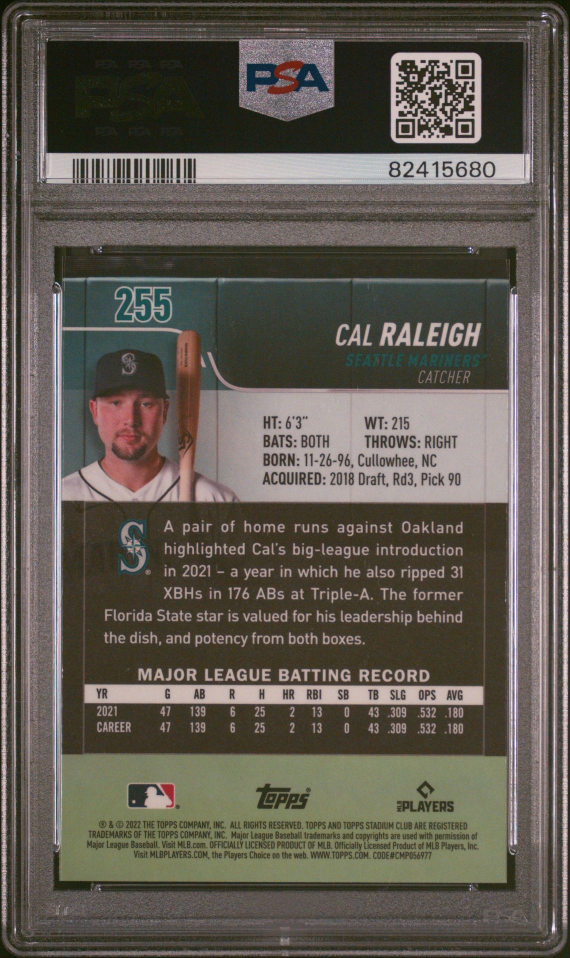 2022 Topps Stadium Club Chrome Cal Raleigh #255 (X-Fractor) Mint 9 back