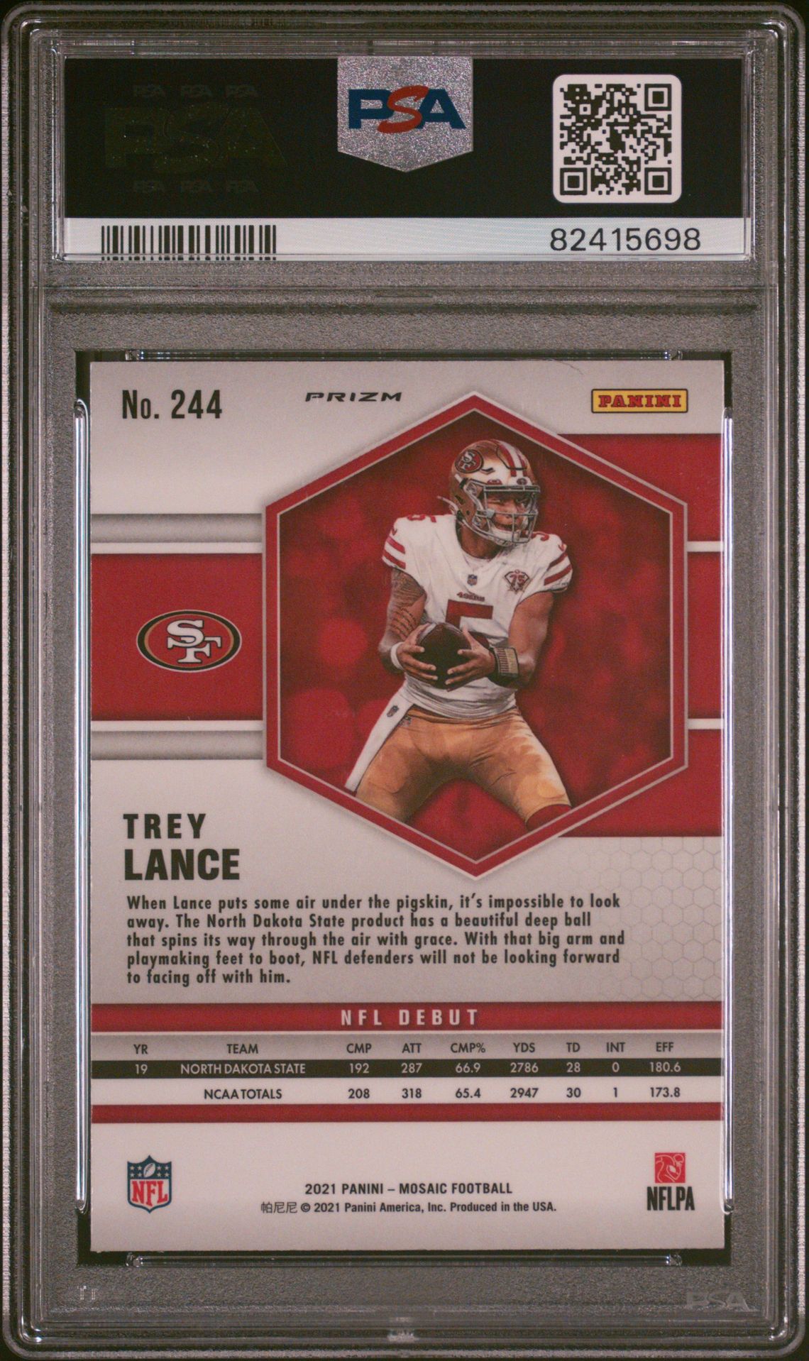 2021 Panini Mosaic Trey Lance #244 (Camo Pink) Gem Mt 10 back view - PSA certificate #82415698