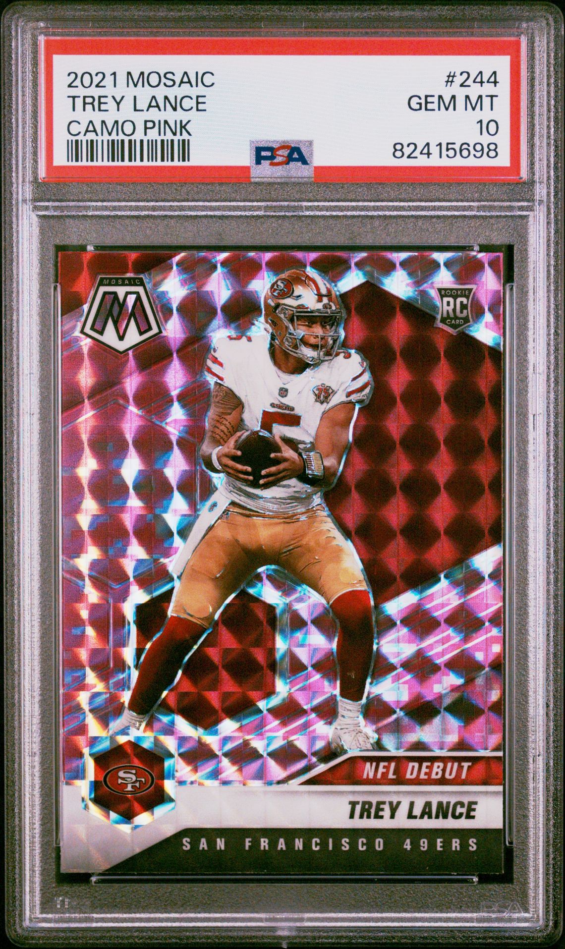 2021 Panini Mosaic Trey Lance #244 (Camo Pink) Gem Mt 10 front view - PSA graded GEM MT 10