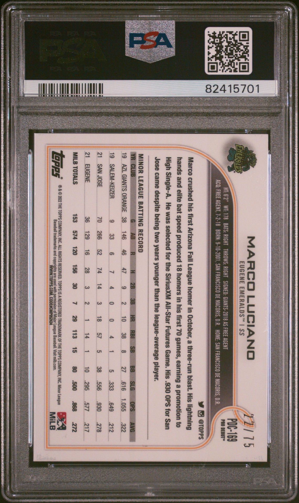 2022 Topps Pro Debut Marco Luciano #Pdc169 (Chrome-Aqua Refractor) Mint 9 back