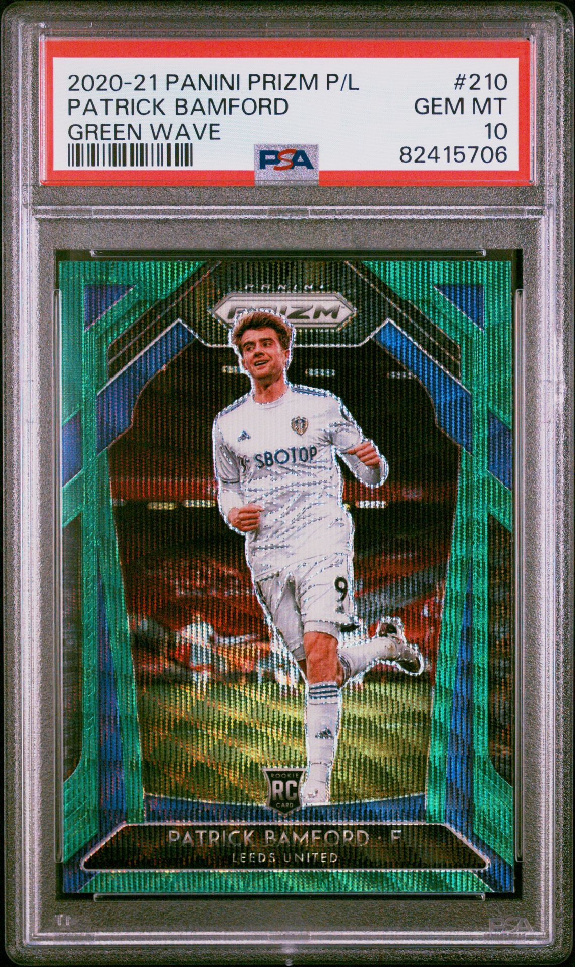 2020 Panini Prizm Premier League Patrick Bamford #210 (Green Wave) Gem Mt 10 front view - PSA graded GEM MT 10