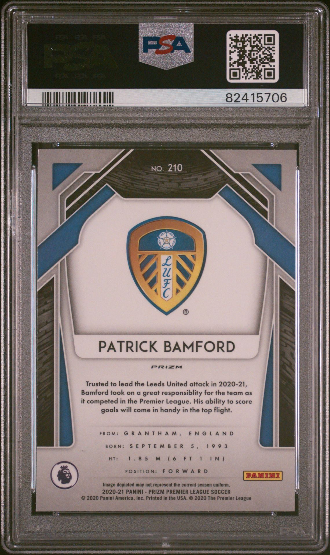 2020 Panini Prizm Premier League Patrick Bamford #210 (Green Wave) Gem Mt 10 back view - PSA certificate #82415706