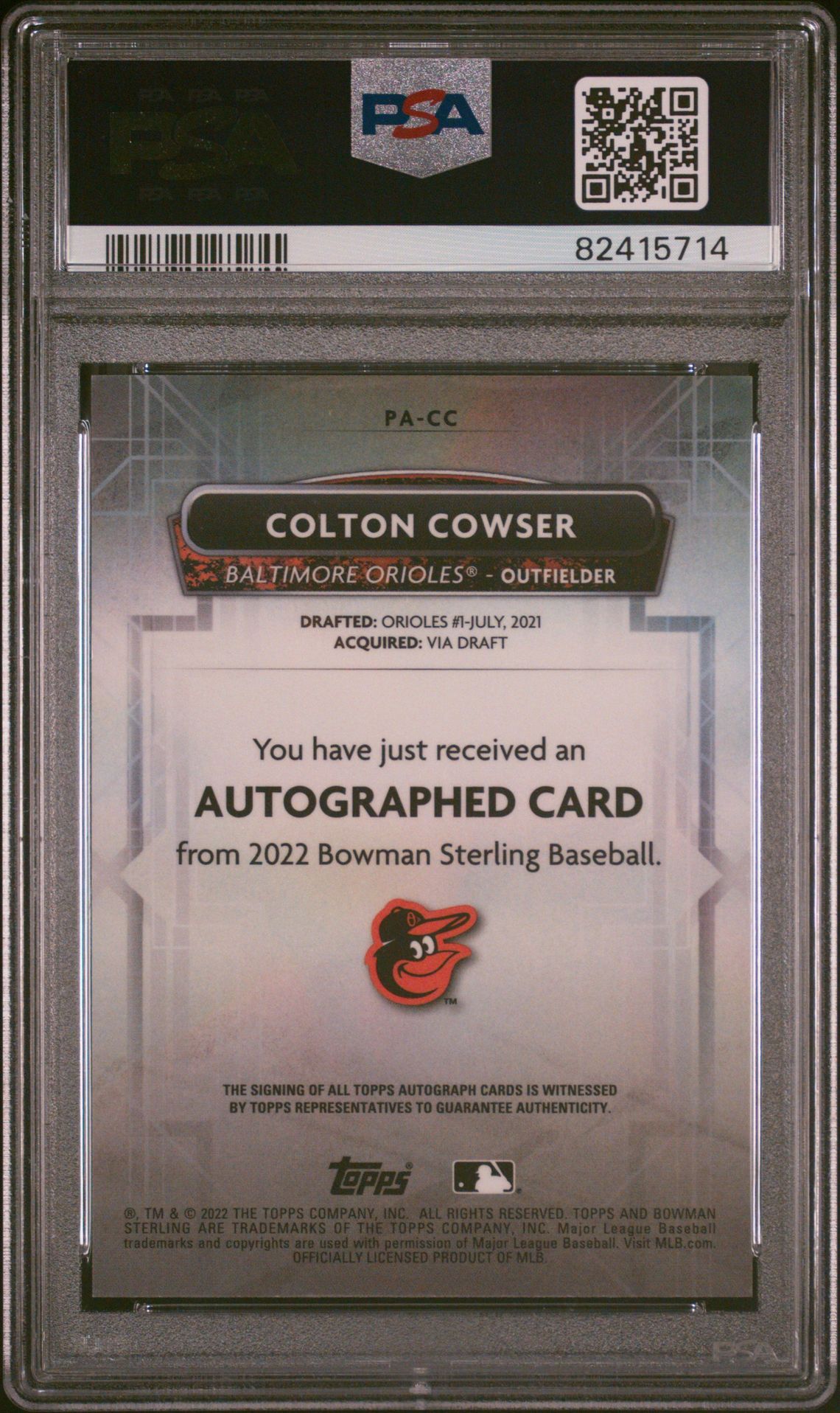 2022 Bowman Sterling Prospect Autographs Colton Cowser #Pacc (Prospect Autographs) Mint 9 back