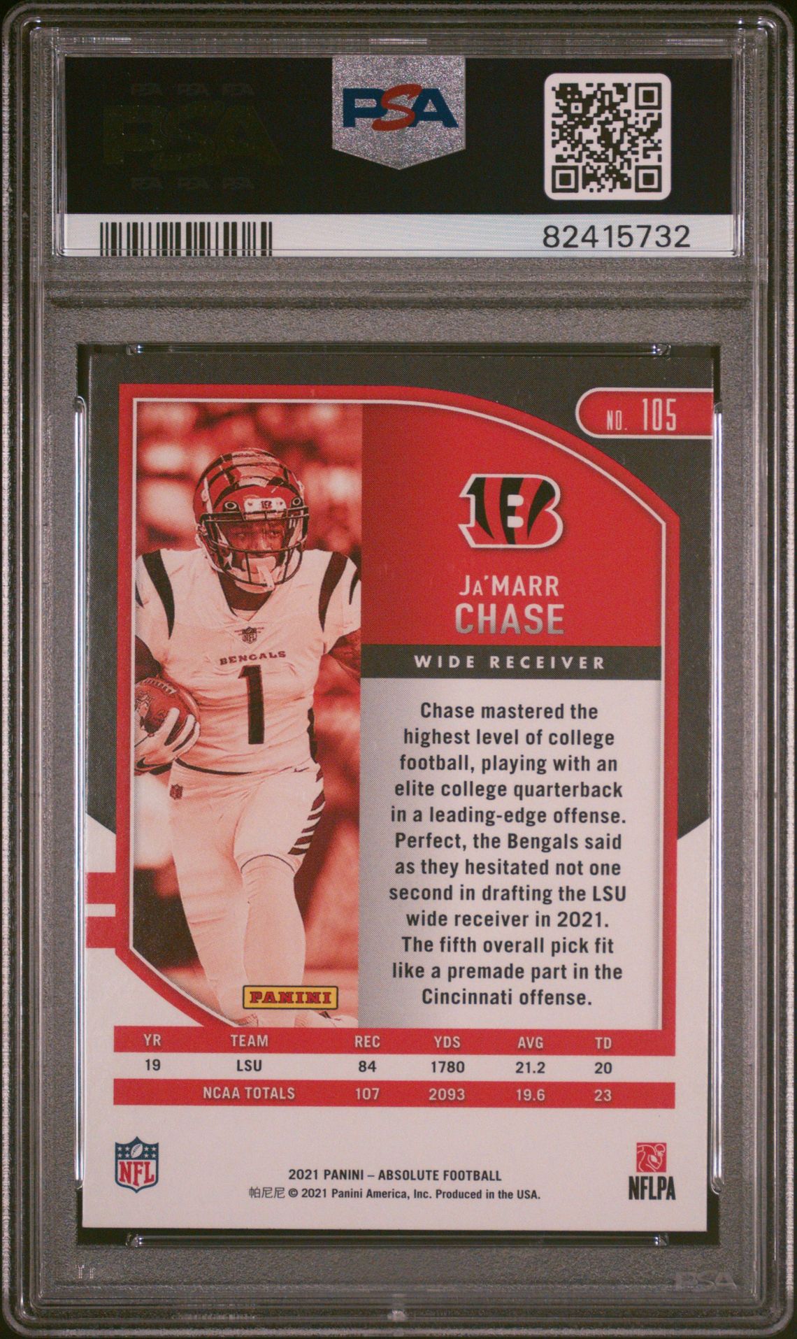 2021 Panini Absolute Ja'marr Chase #105 Gem Mt 10 back