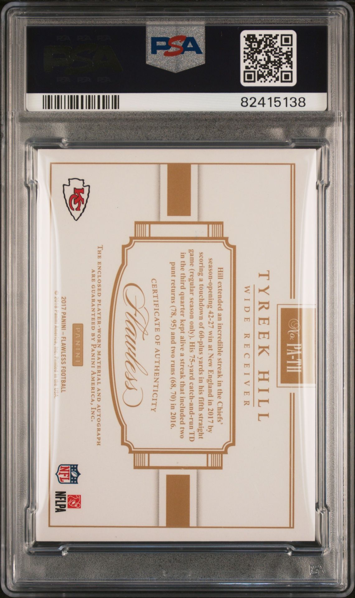 2017 Panini Flawless Patch Autograph Tyreek Hill #Pa-Th (Patch Autograph) Mint 9 back