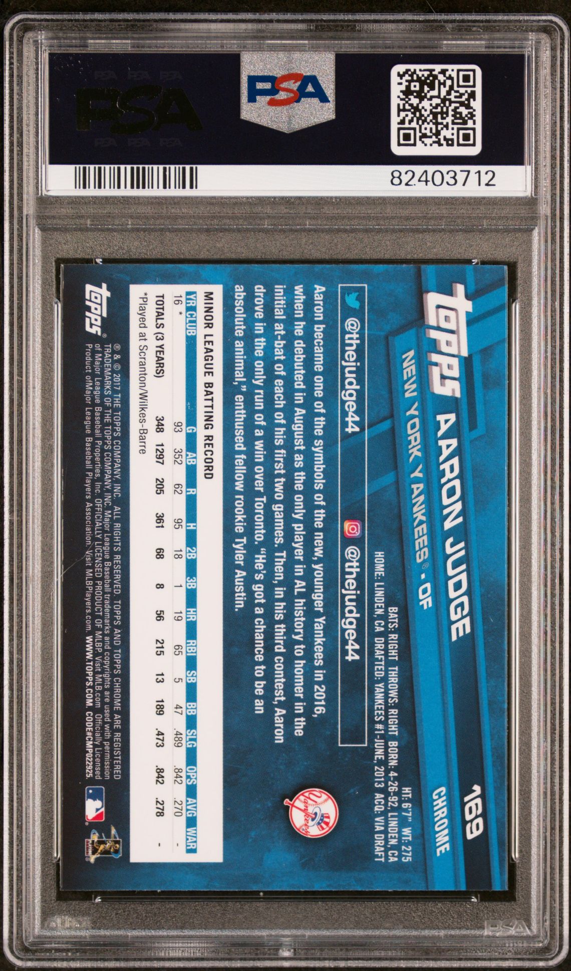 2017 Topps Chrome Aaron Judge #169 (Prism Refractor) Gem Mt 10 back