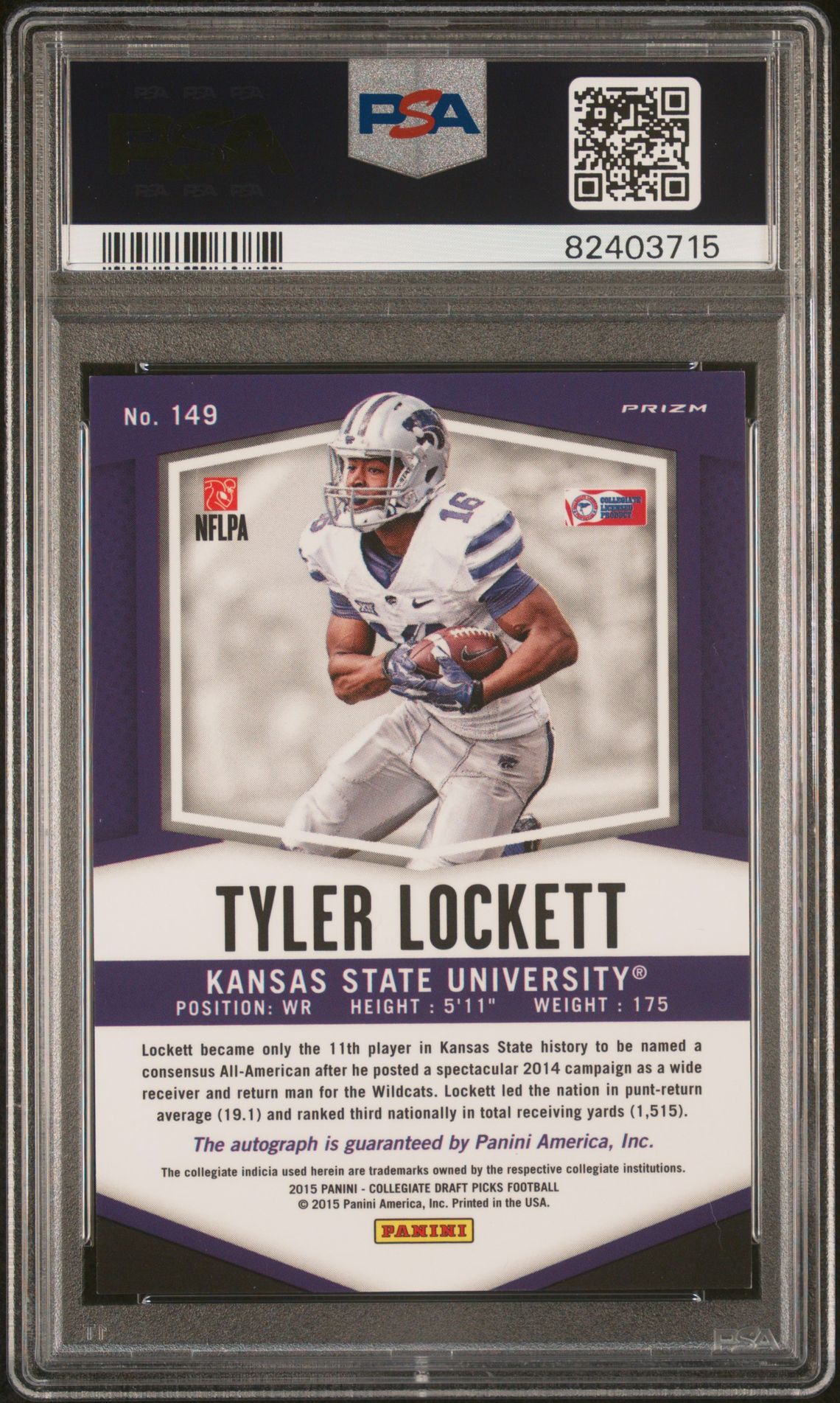 2015 Panini Prizm Collegiate Draft Picks Tyler Lockett #149 (Autograph-Camo Prizm) Mint 9 back