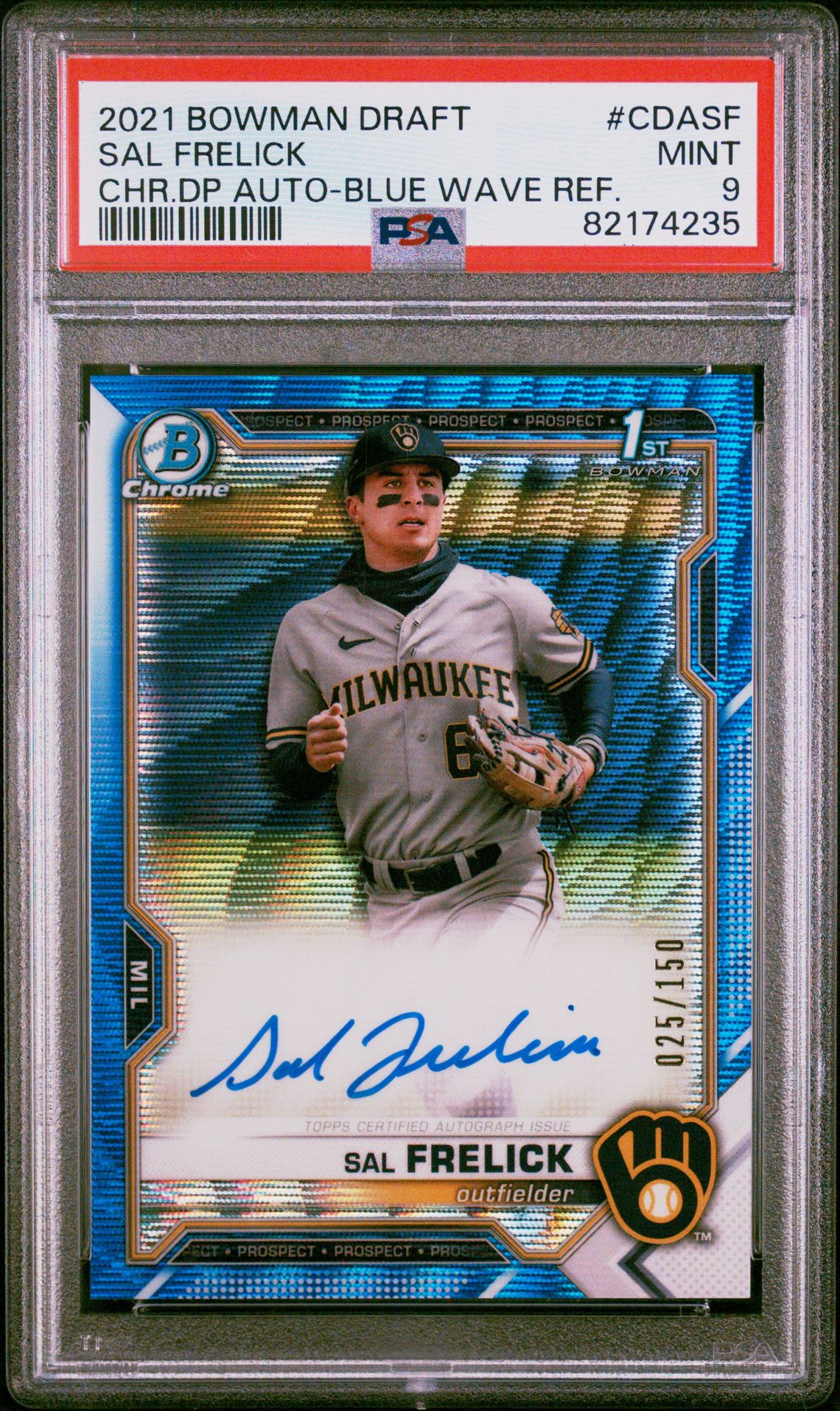 2021 Bowman Draft Chrome Draft Pick Autographs Sal Frelick #Cdasf (Chr.dp Auto-Blue Wave Ref.) Mint 9 front