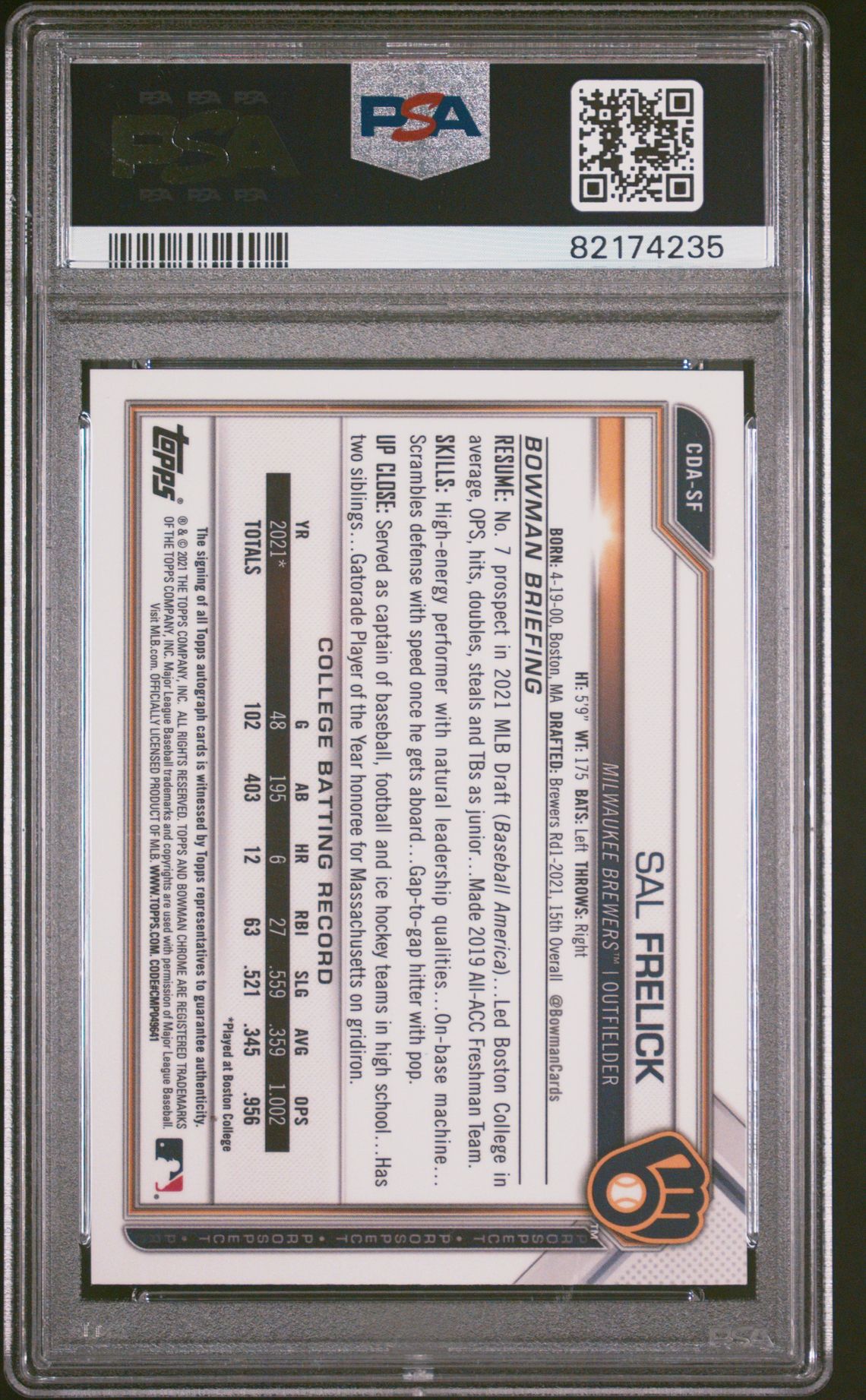 2021 Bowman Draft Chrome Draft Pick Autographs Sal Frelick #Cdasf (Chr.dp Auto-Blue Wave Ref.) Mint 9 back