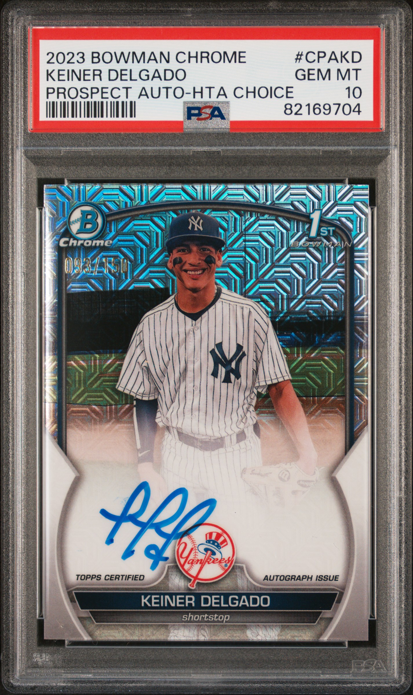 2023 Bowman Chrome Prospect Autographs HTA Choice #CPA-KD Keiner Delgado Signed Rookie Card (#093/150) – PSA GEM MT 10