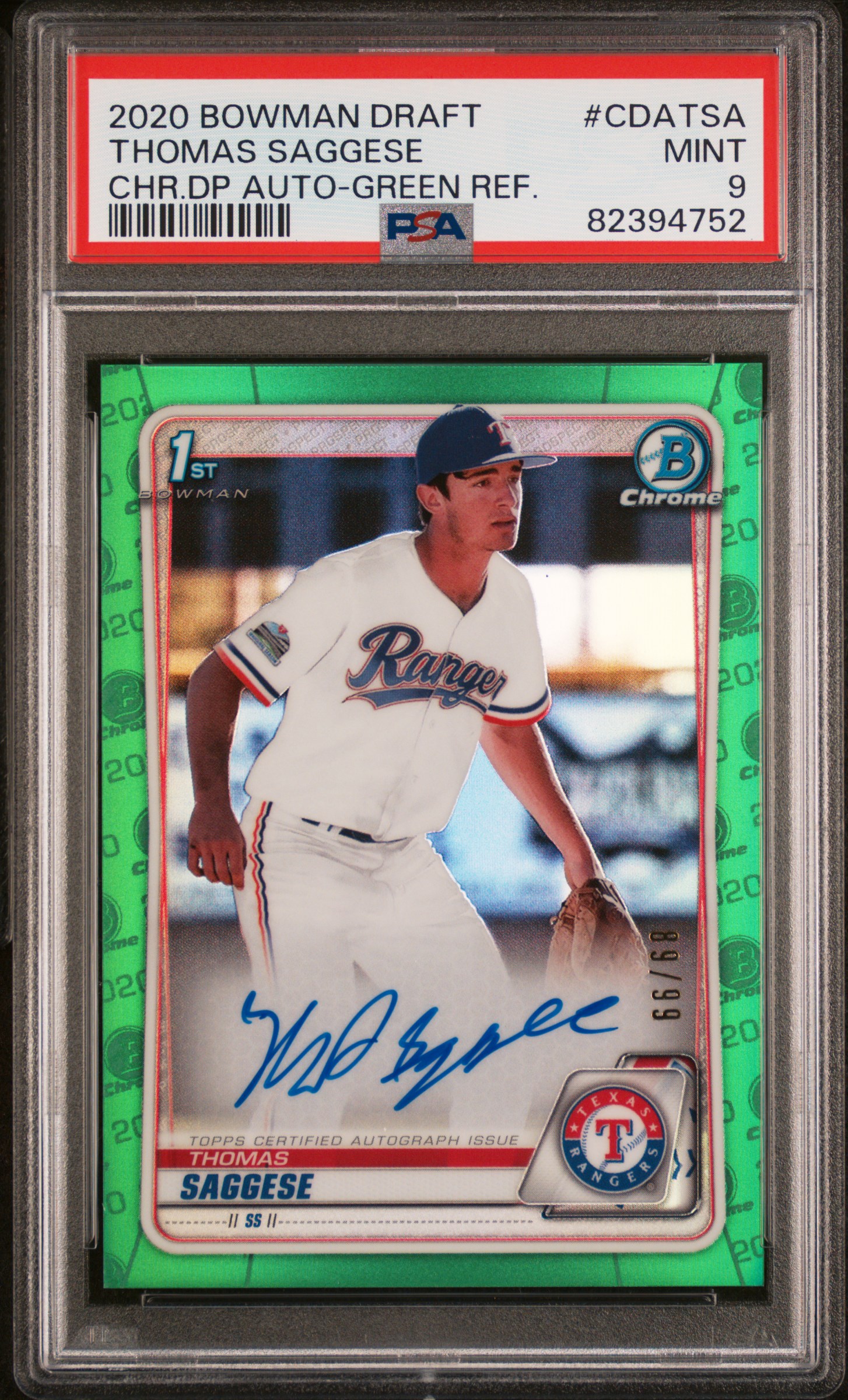 2020 Bowman Draft Chrome Draft Picks Autographs Thomas Saggese #Cdatsa (Chr.dp Auto-Green Ref.) Mint 9 front