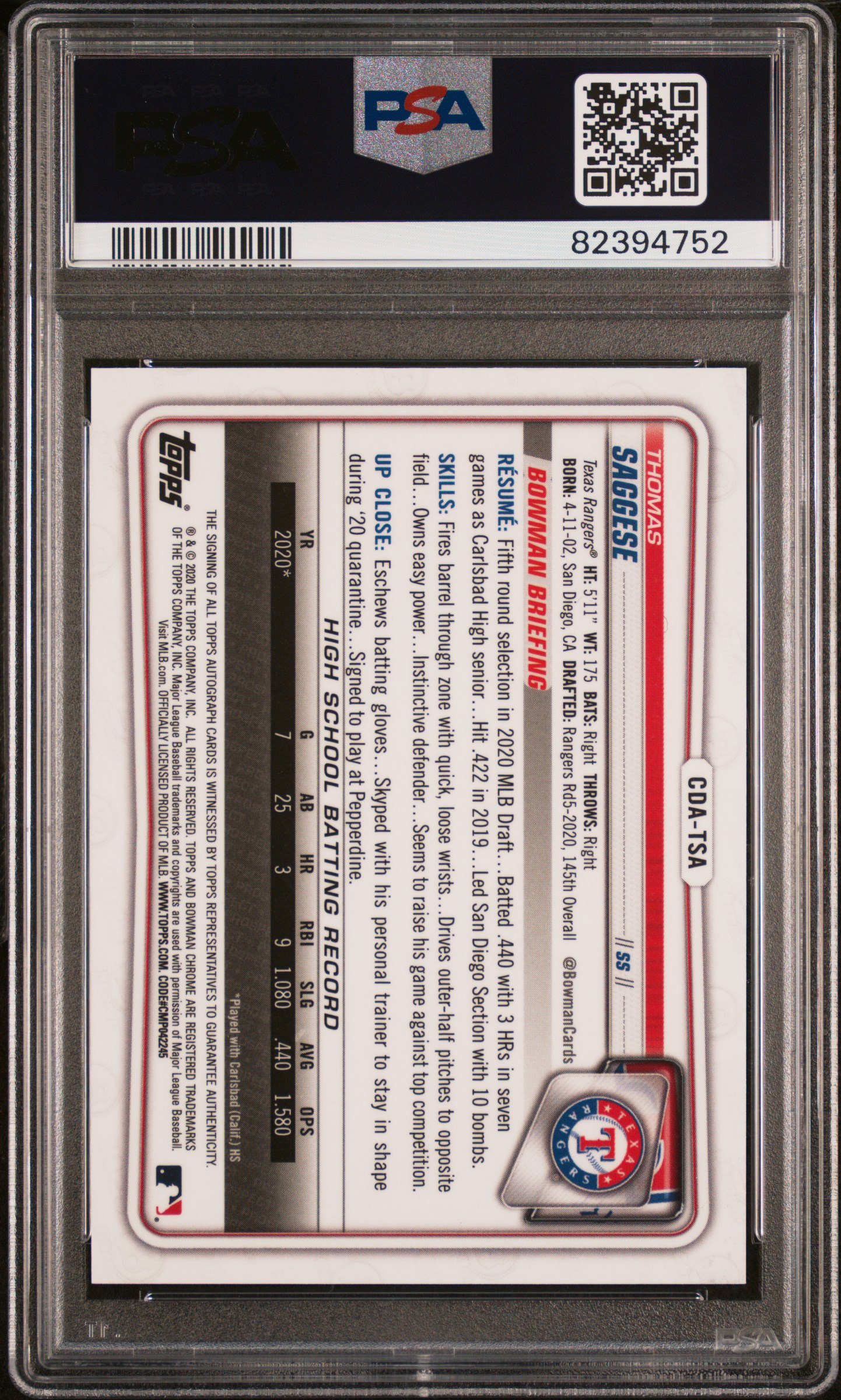 2020 Bowman Draft Chrome Draft Picks Autographs Thomas Saggese #Cdatsa (Chr.dp Auto-Green Ref.) Mint 9 back