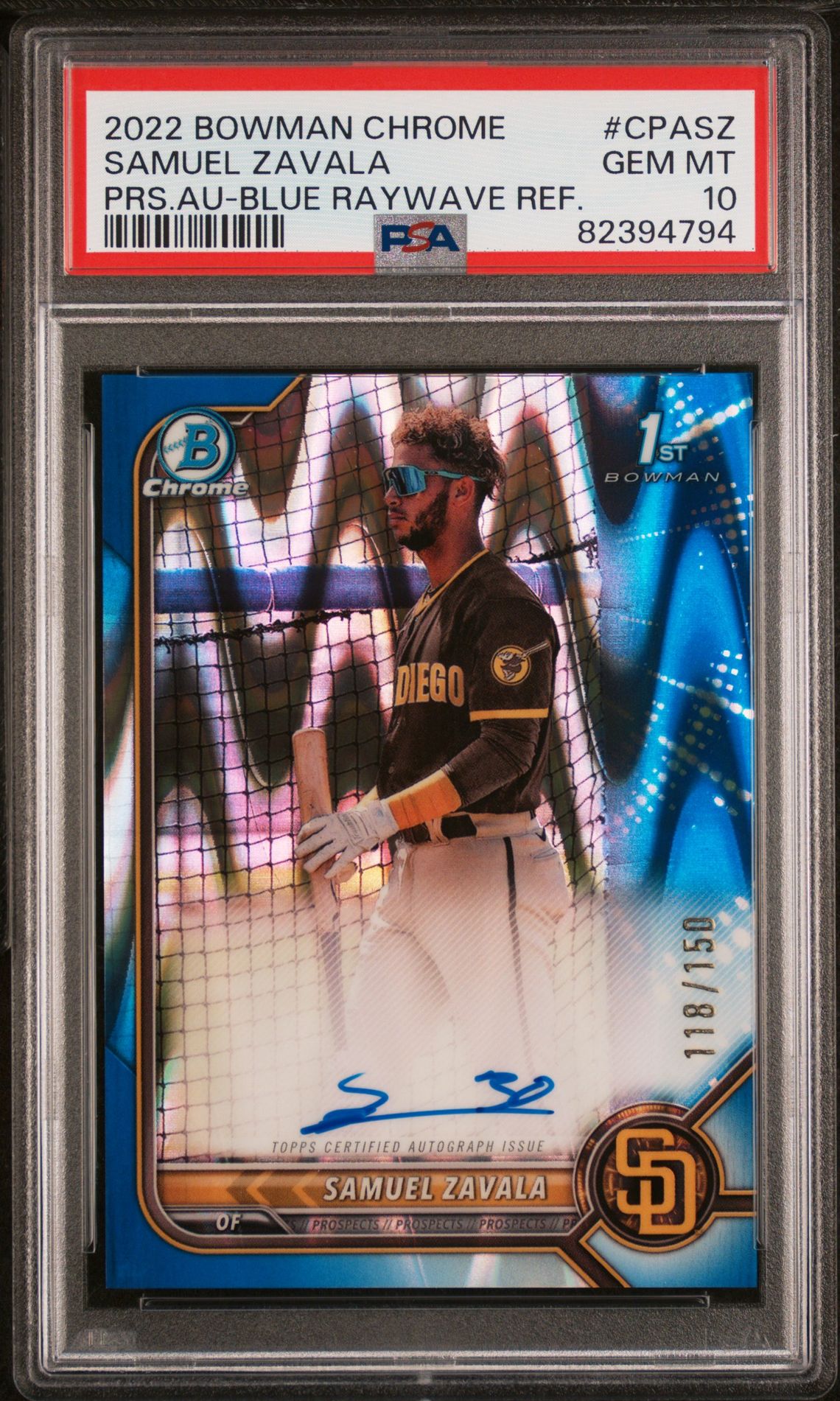 2022 Bowman BOWMAN CHROME PROSPECT AUTOGRAPHS PRS.AU-BLUE RAYWAVE REF. #CPASZ Samuel Zavala front