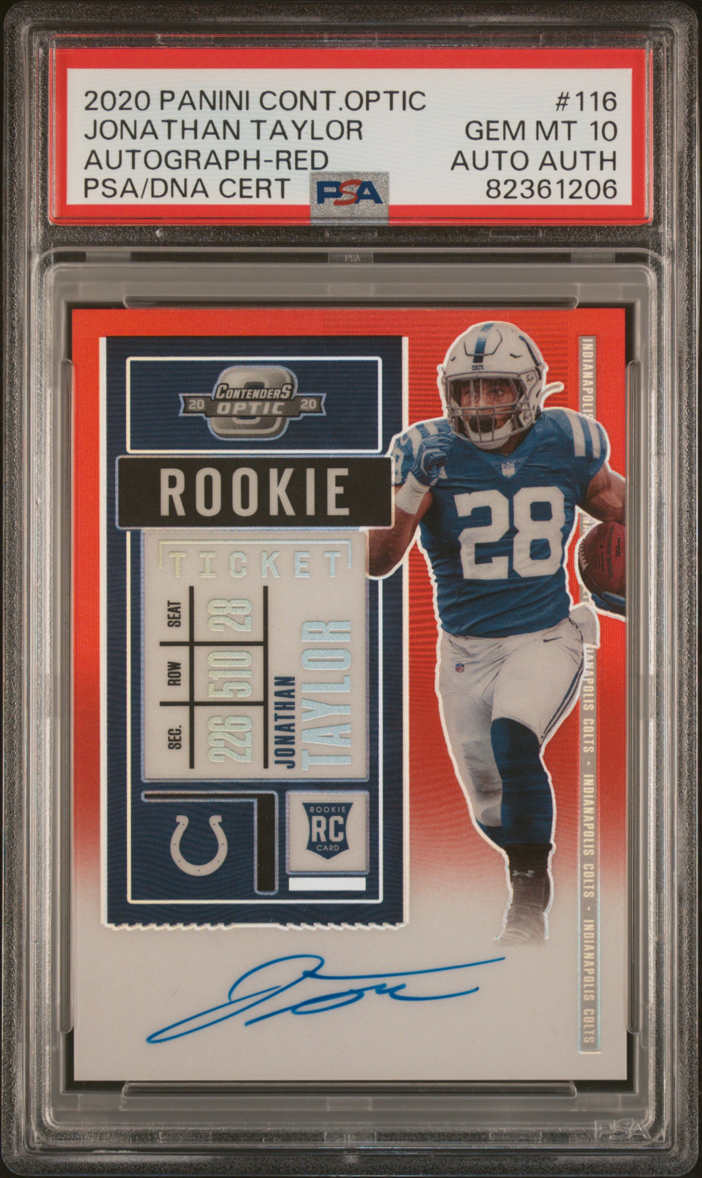 2020 Panini Contenders Optic Autograph-Red Rookie Ticket #116 Jonathan Taylor Signed Rookie Card (#113/199) – PSA GEM MT 10, PSA/DNA Authentic