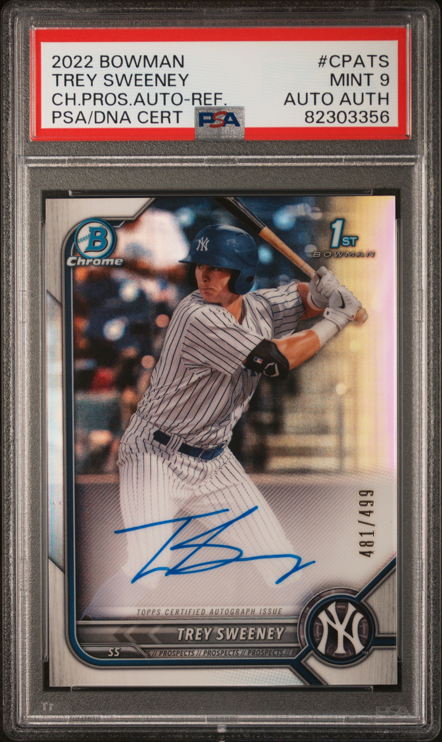 2022 Bowman Chrome Prospect Autographs Refractor #CPA-TS Trey Sweeney Signed Rookie Card (#481/499) – PSA MINT 9