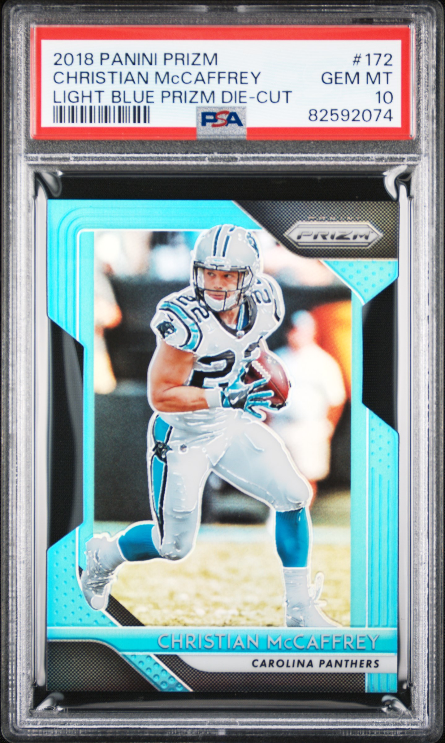 2018 Panini Prizm Light Blue Prizm Die-Cut #172 Christian Mccaffrey (#182/199) – PSA GEM MT 10