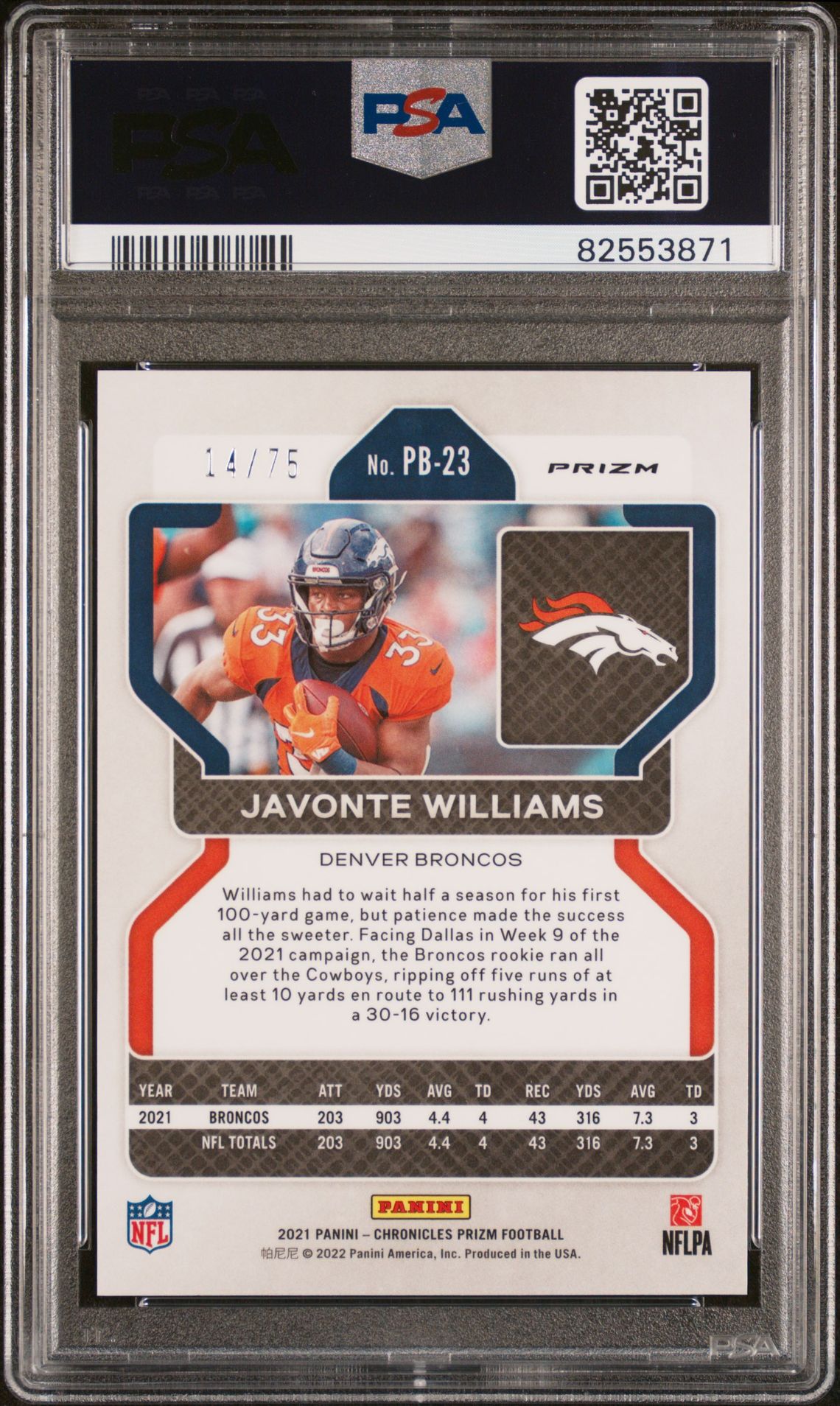 2021 Panini Chronicles Prizm Black Javonte Williams #Pb-23 (Prizm Black-Orange) Gem Mt 10 back