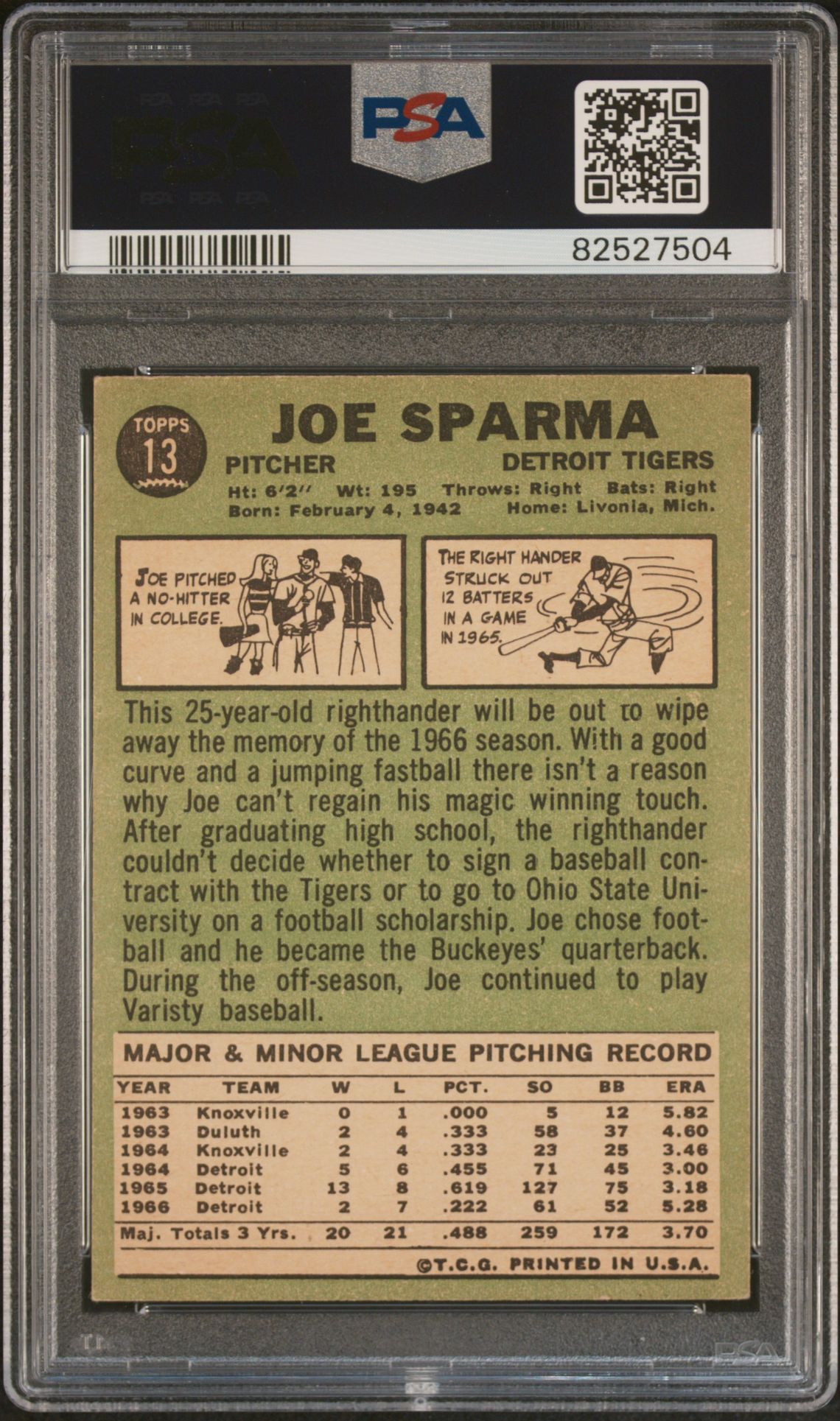 1967 Topps Joe Sparma #13 Ex 5 back