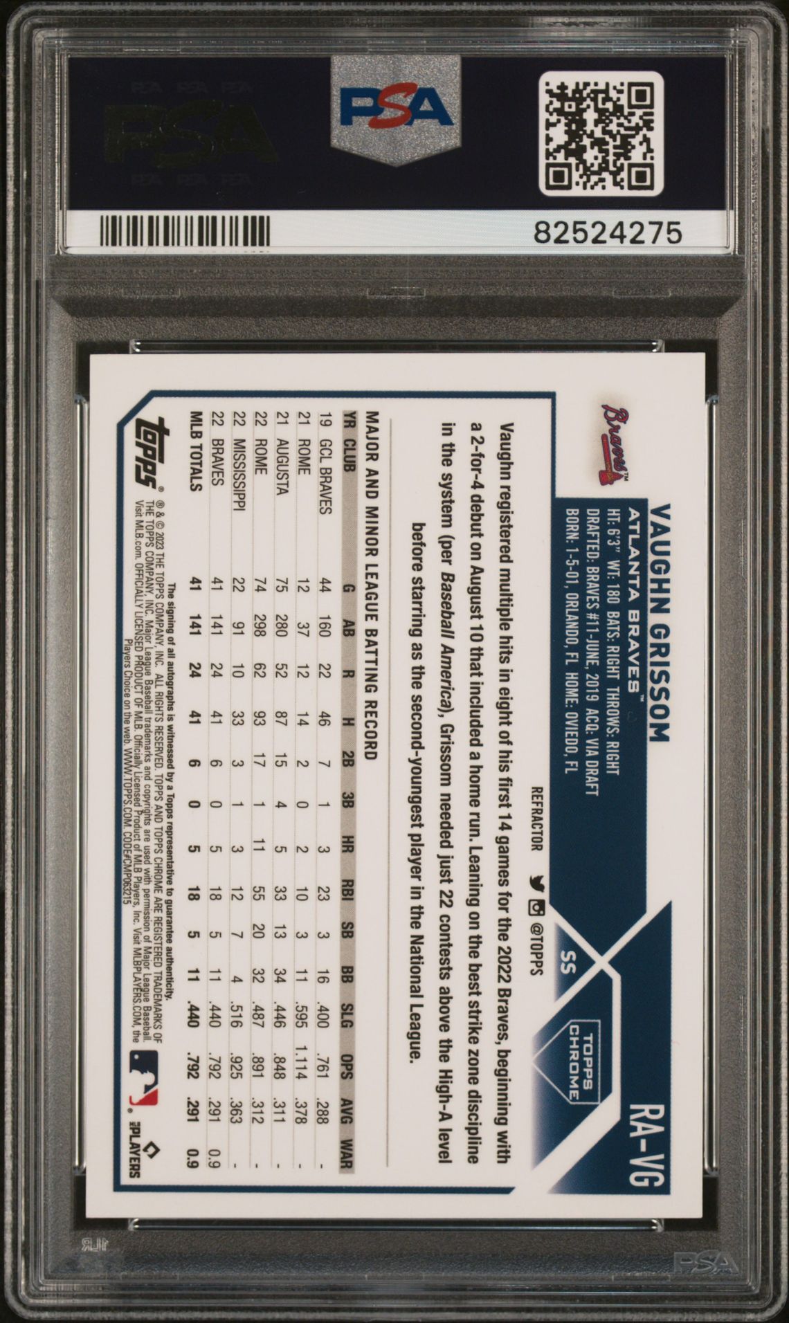 2023 Topps Chrome Rookie Autograph Vaughn Grissom #Ravg (Rookie Autograph-Refractor) Mint 9 back