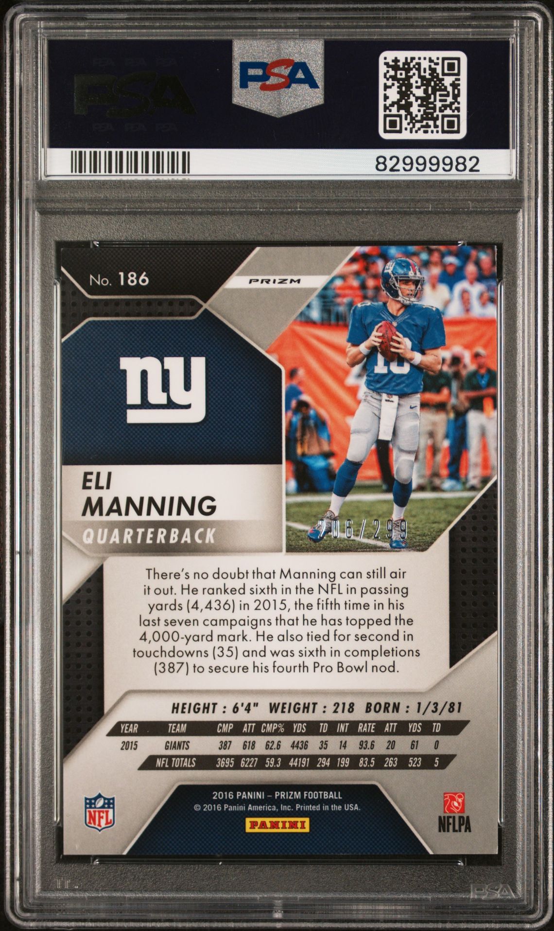 2016 Panini Prizm Eli Manning #186 (Orange Prizm) Mint 9 back