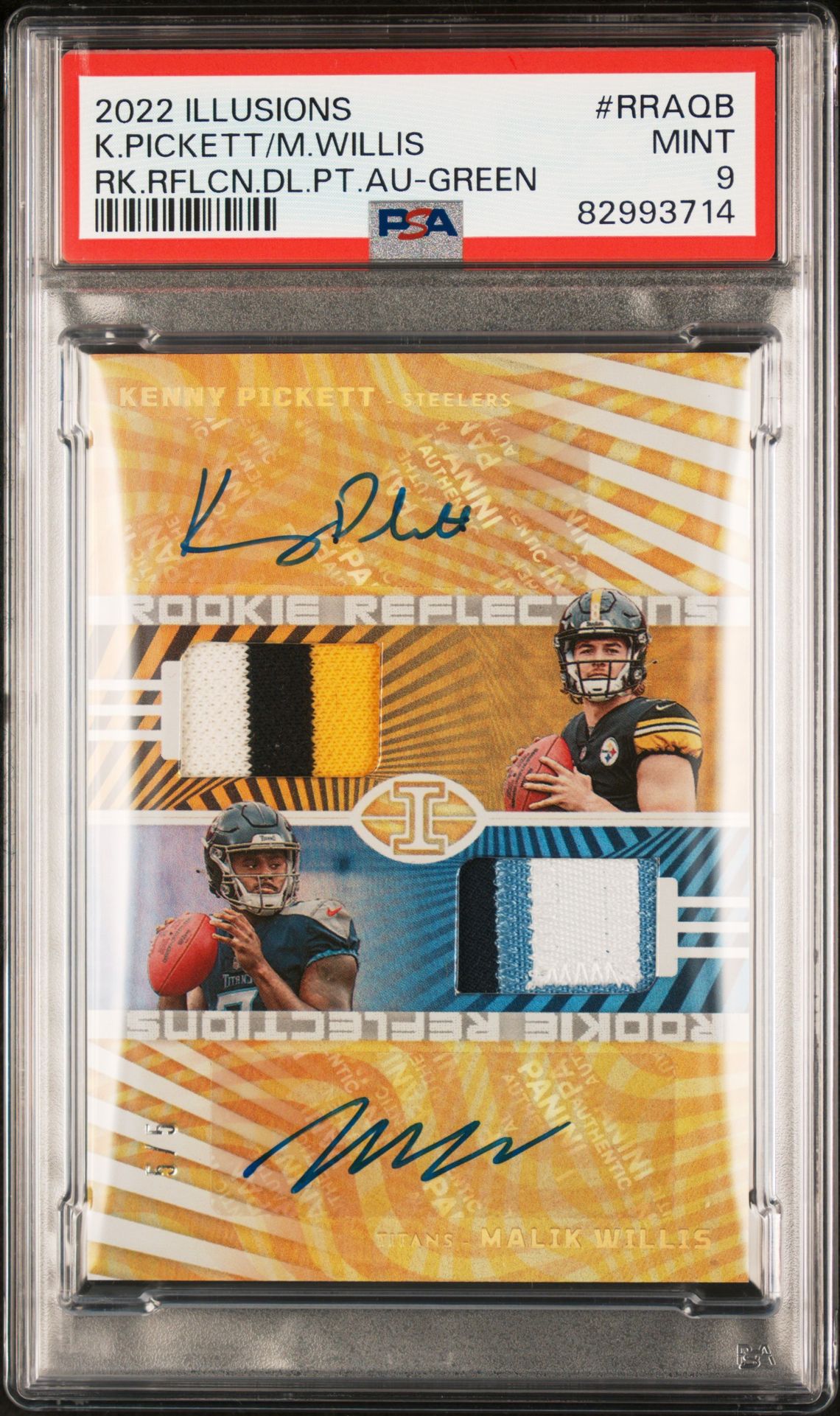 2022 Panini PANINI ILLUSIONS ROOKIE REFLECTIONS DUAL PATCH AUTOGRAPHS RK.RFLCN.DL.PT.AU-GREEN #RRAQB K.Pickett/M.Willis front