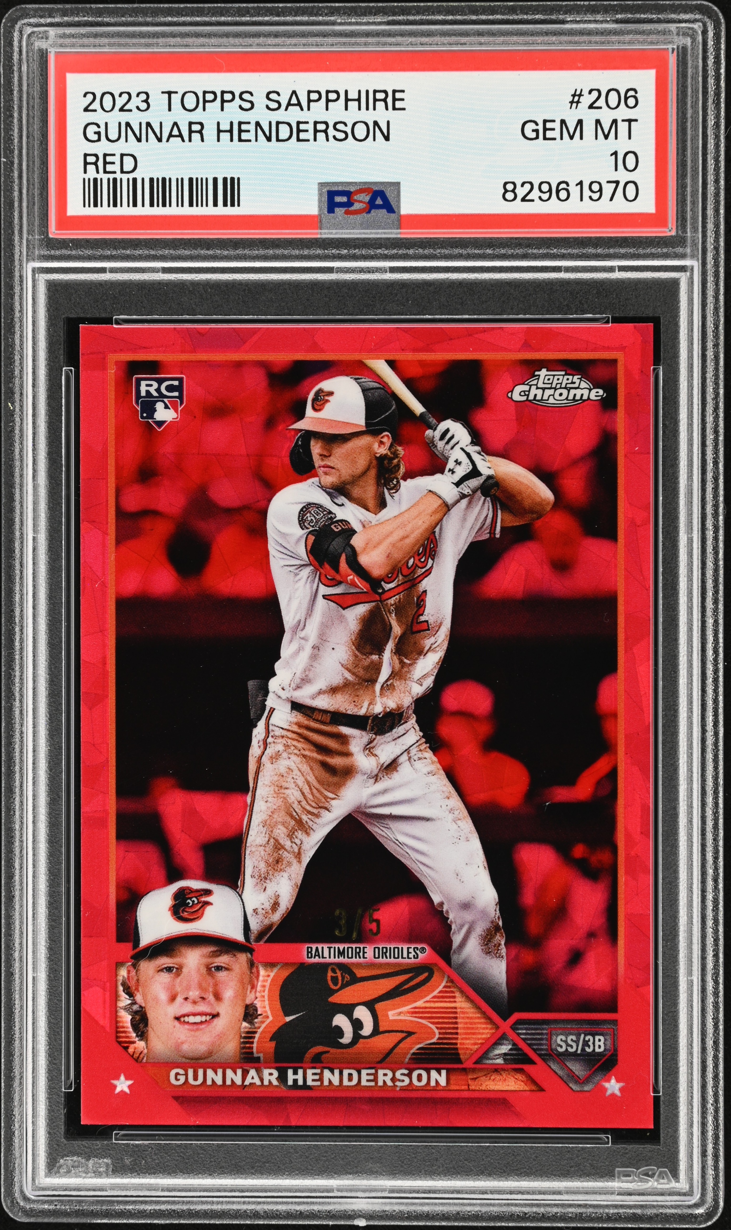 2023 Topps Chrome Sapphire Red #206 Gunnar Henderson Rookie Card (#3/5) - PSA GEM MT 10