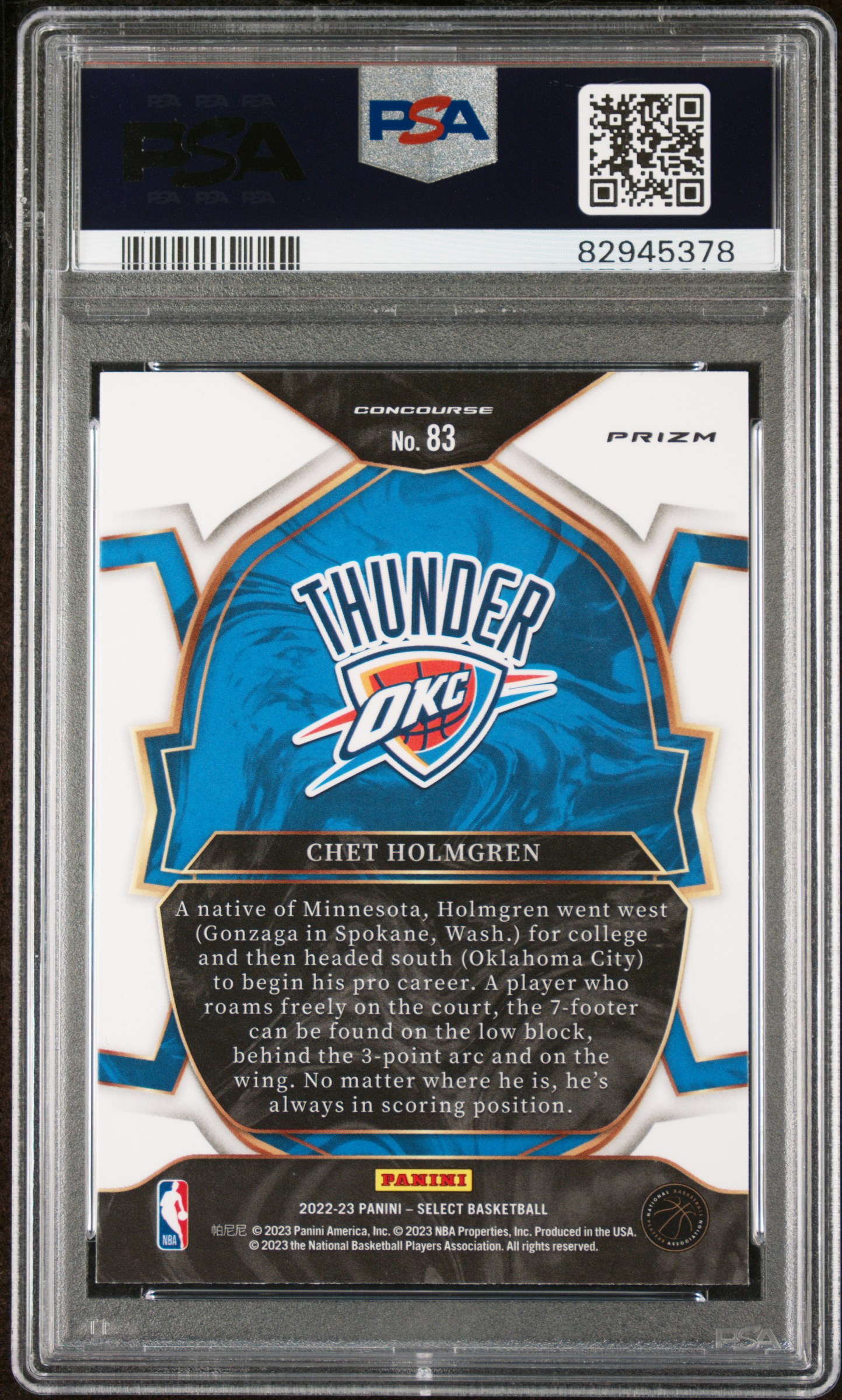 2022 Panini Select Chet Holmgren #83 (Blue Cracked Ice) Gem Mt 10 back