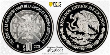 2021-Mo 10 Peso Foundation of Tenochtitlan 700th Anniversary PR69DCAM