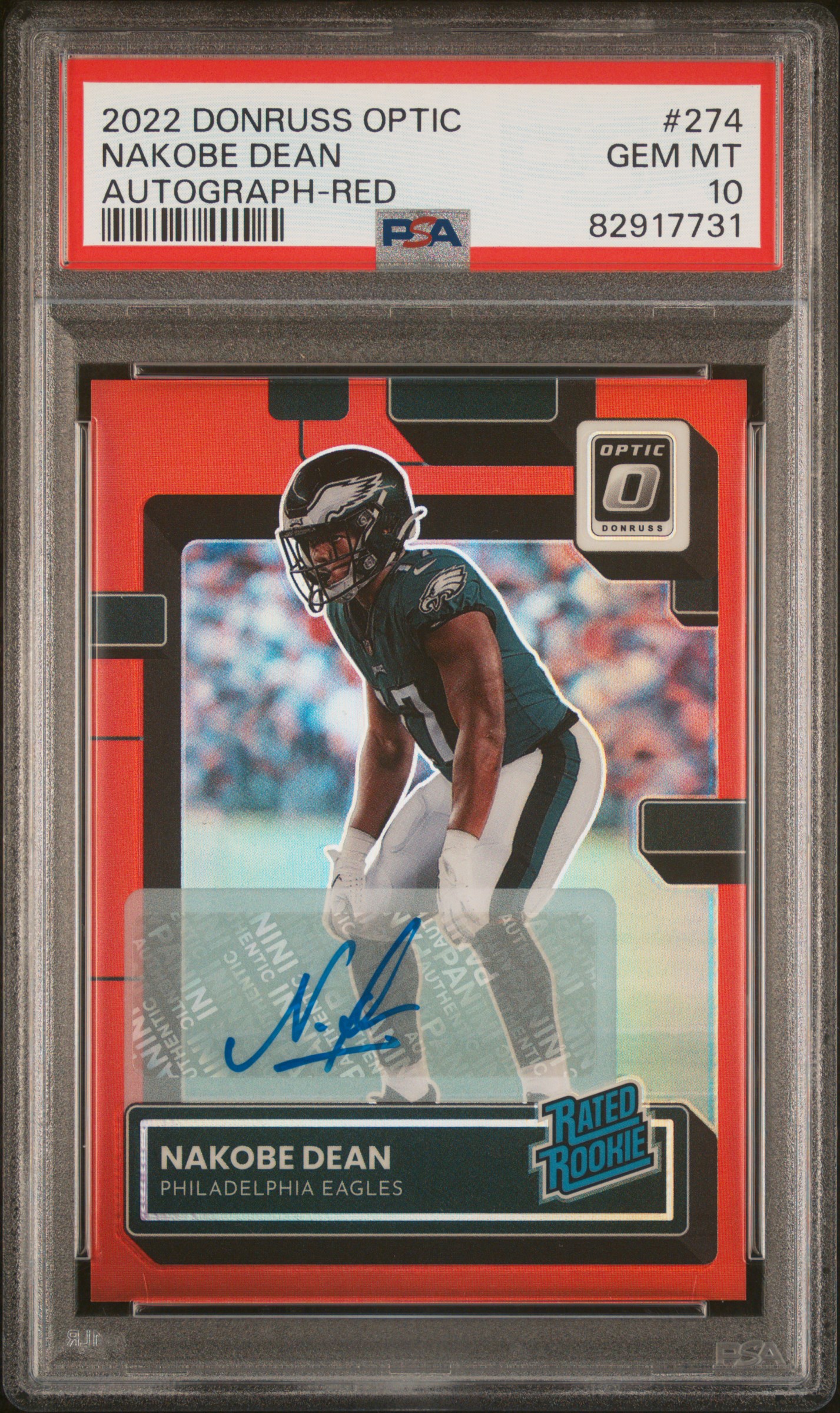 2022 Panini Donruss Optic Autograph-Red #274 Nakobe Dean (#17/75) – PSA GEM MT 10