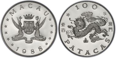 1988 100 Pat Year of the Dragon KM-38  Ag PR69DCAM