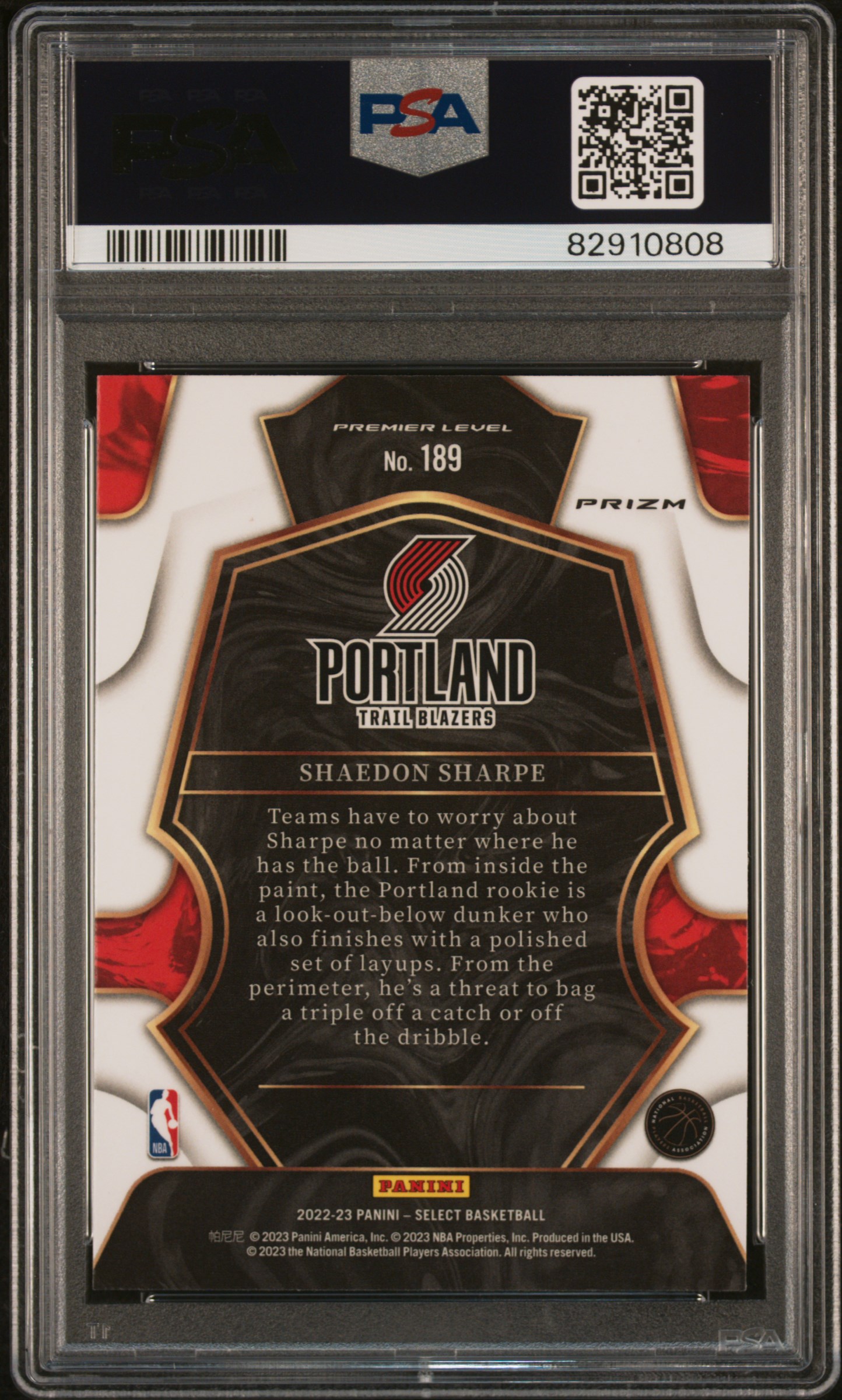 2022 Panini Select Shaedon Sharpe #189 (Scope) Gem Mt 10 back