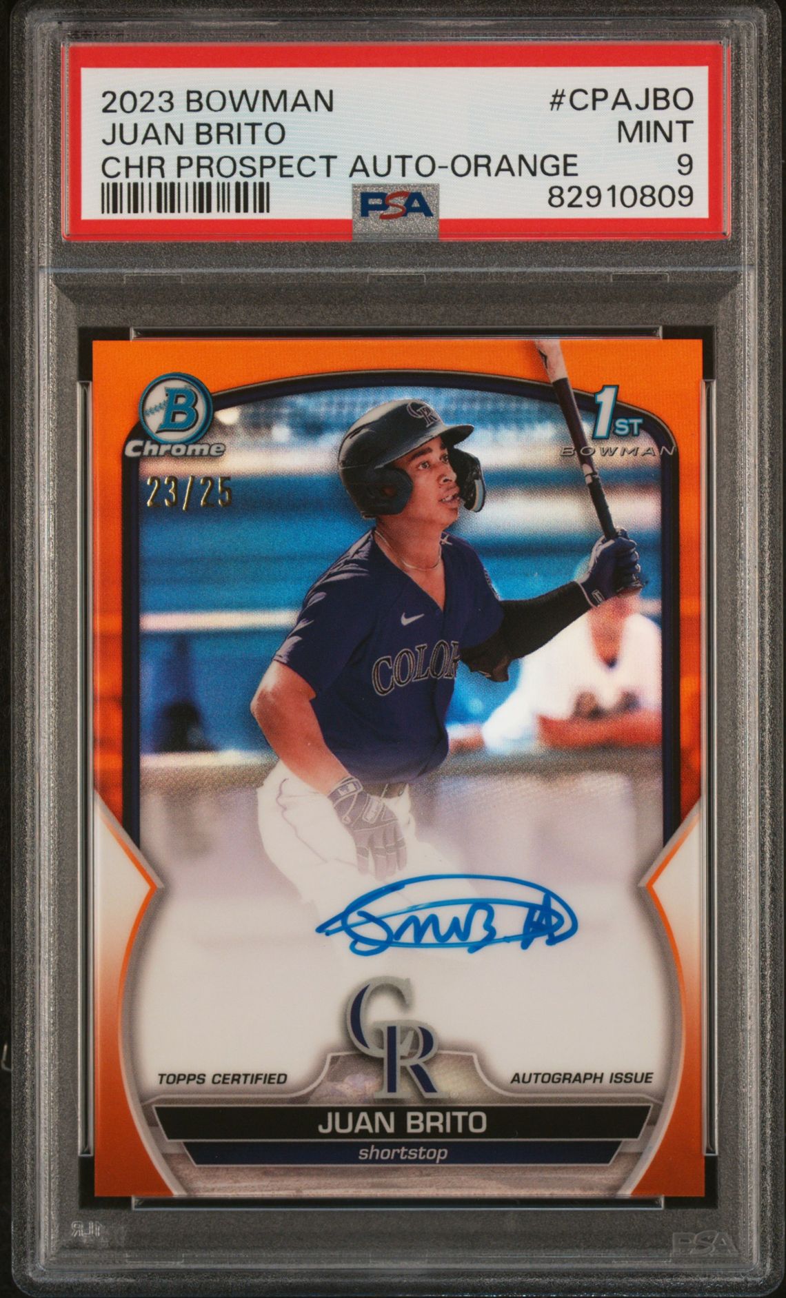 2023 Bowman Chrome Prospect Autographs Juan Brito #Cpajbo (Chr Prospect Au-Orange Ref) Mint 9 front
