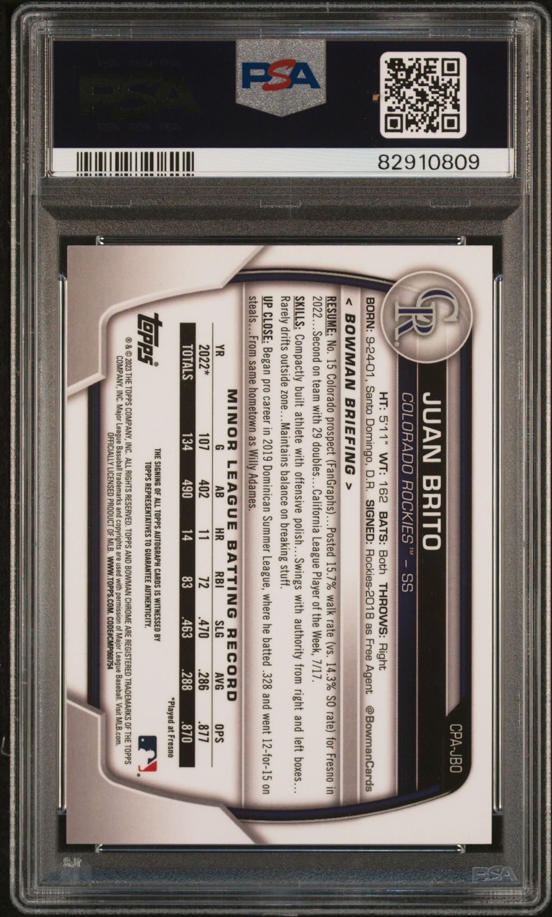 2023 Bowman Chrome Prospect Autographs Juan Brito #Cpajbo (Chr Prospect Au-Orange Ref) Mint 9 back