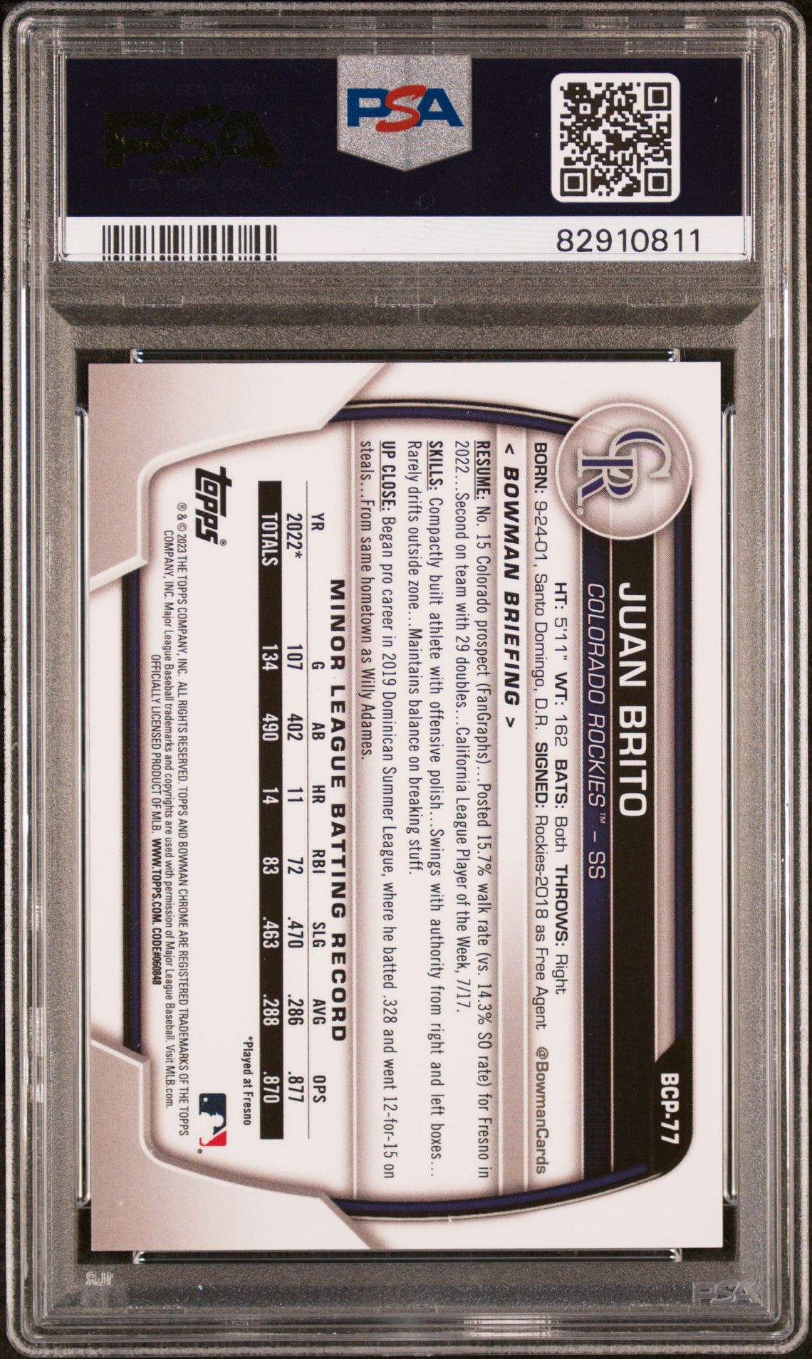 2023 Bowman Sapphire Edition Chrome Prospects Juan Brito #Bcp77 (Chrome Prospects-Orange) Mint 9 back
