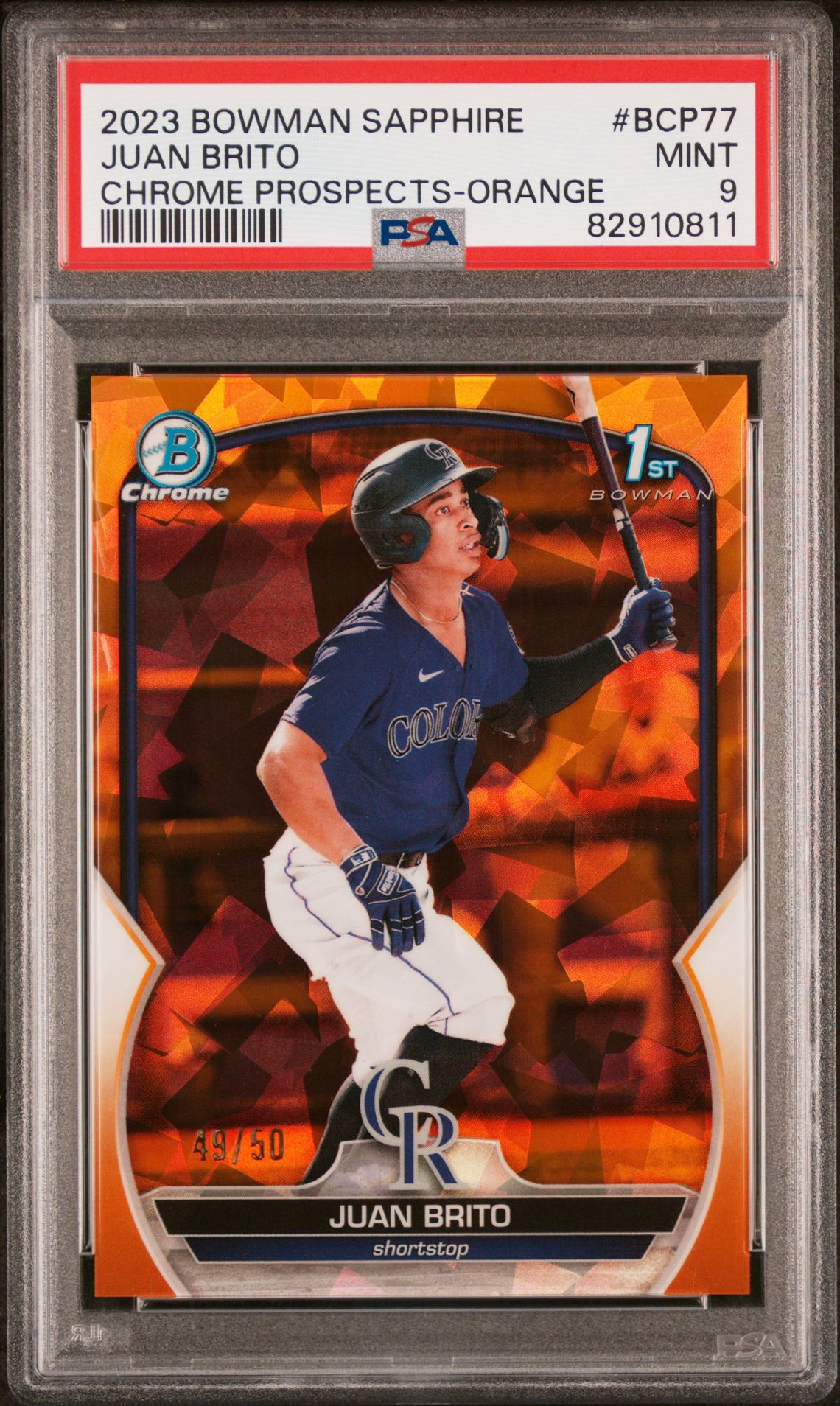 2023 Bowman Sapphire Edition Chrome Prospects Juan Brito #Bcp77 (Chrome Prospects-Orange) Mint 9 front