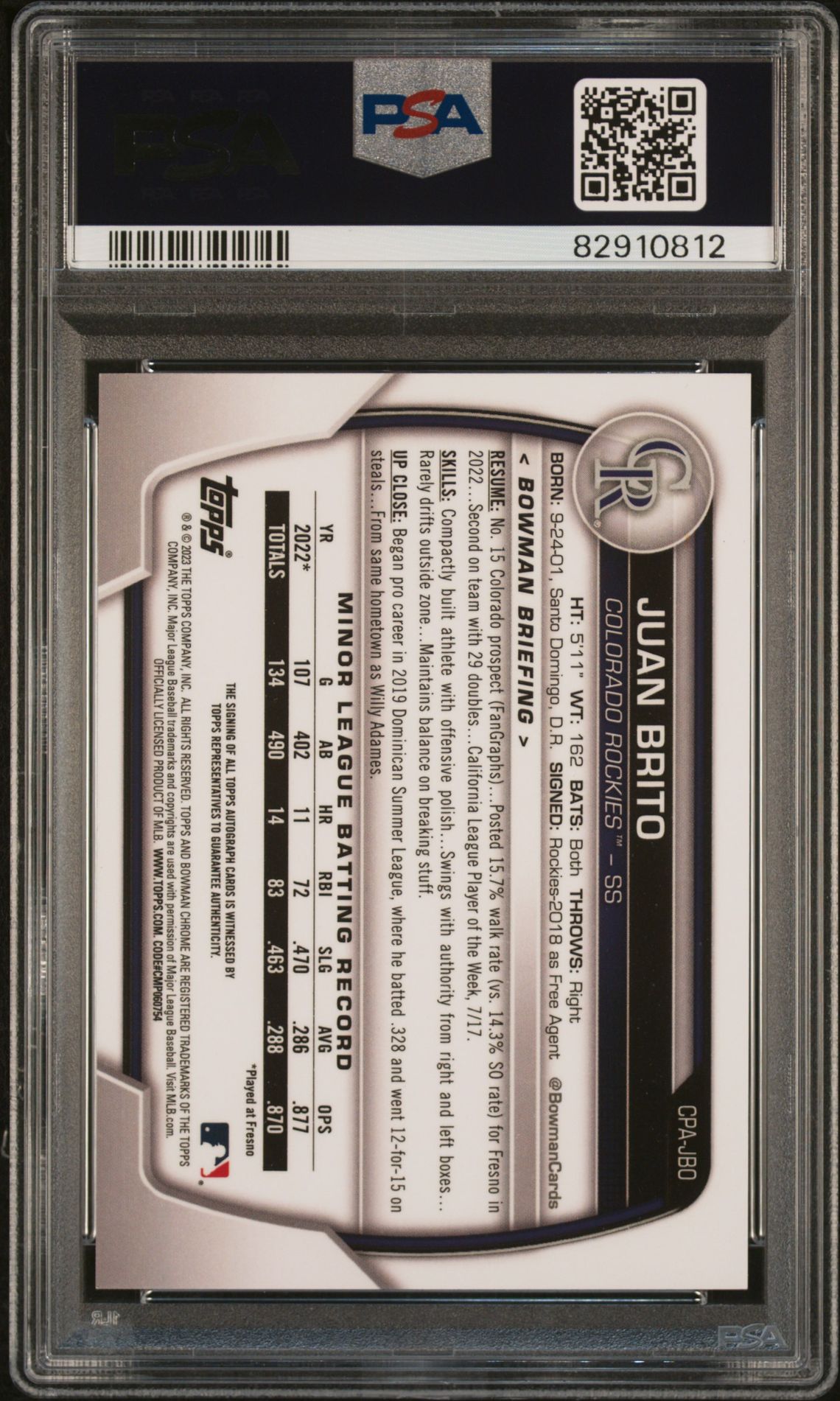 2023 Bowman Chrome Prospect Autographs Juan Brito #Cpajbo (Chrome Pros Au-Atomic Ref) Gem Mt 10 back