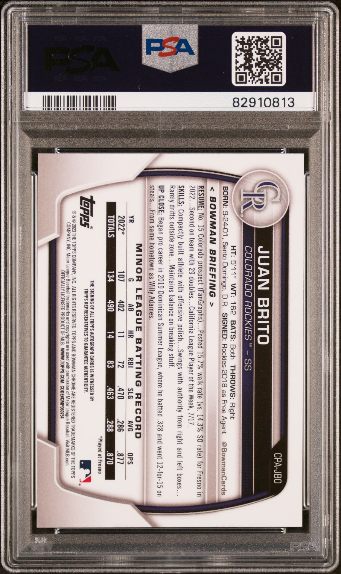 2023 Bowman Chrome Prospect Autographs Juan Brito #Cpajbo (Chr Prospect Auto-Blue Ref) Mint 9 back