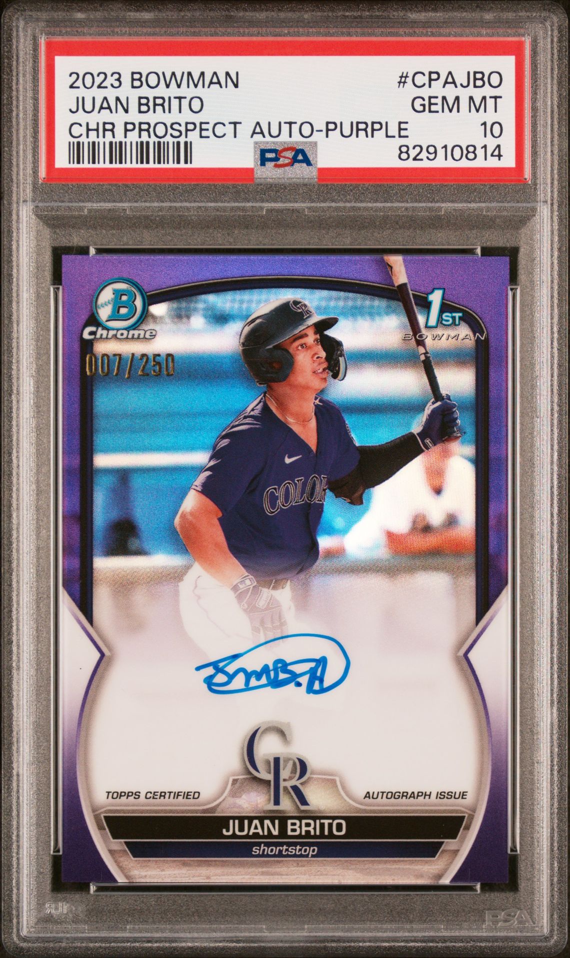 2023 Bowman Chrome Prospect Autographs Juan Brito #Cpajbo (Chr Prospect Au-Purple Ref) Gem Mt 10 front view - PSA graded GEM MT 10