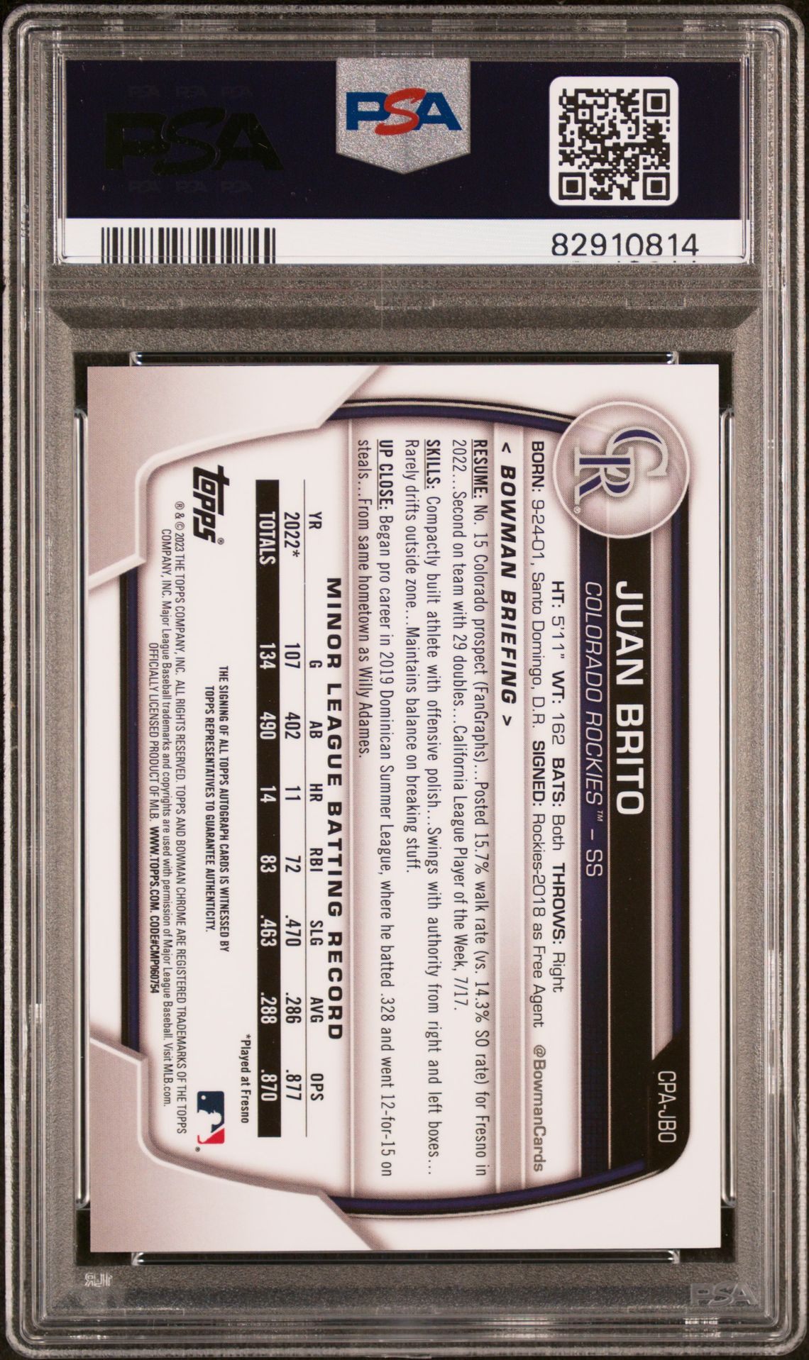 2023 Bowman Chrome Prospect Autographs Juan Brito #Cpajbo (Chr Prospect Au-Purple Ref) Gem Mt 10 back view - PSA certificate #82910814