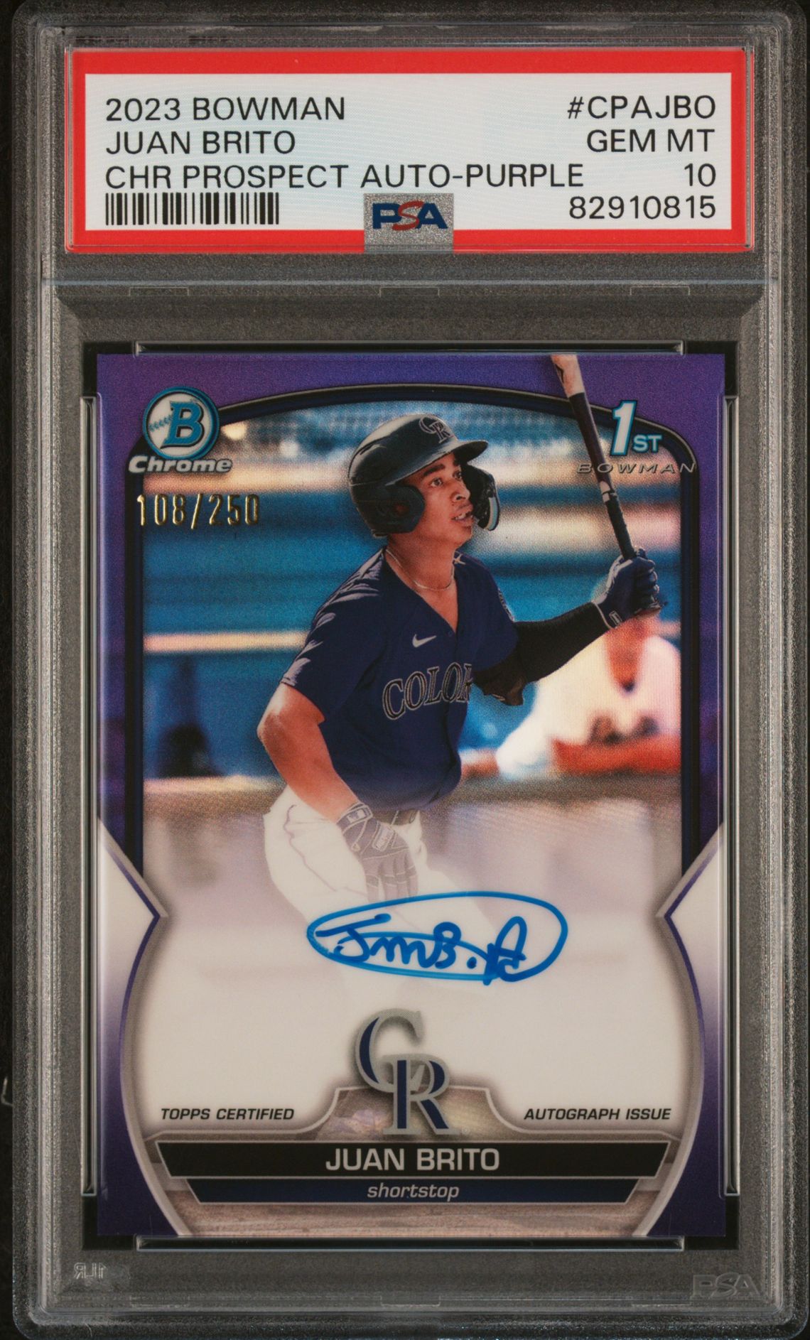 2023 Bowman Chrome Prospect Autographs Juan Brito #Cpajbo (Chr Prospect Au-Purple Ref) Gem Mt 10 front