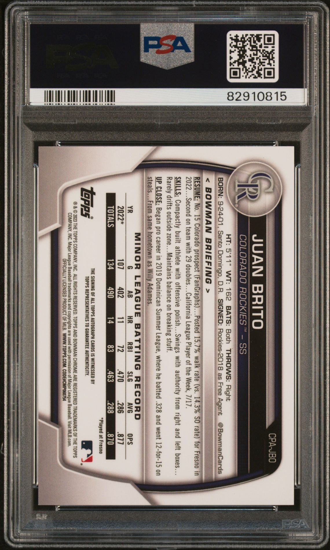 2023 Bowman Chrome Prospect Autographs Juan Brito #Cpajbo (Chr Prospect Au-Purple Ref) Gem Mt 10 back