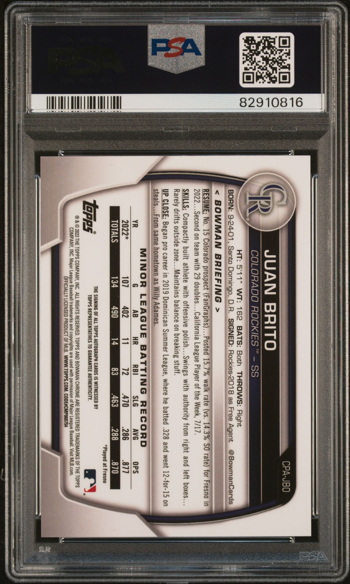 2023 Bowman Chrome Prospect Autographs Juan Brito #Cpajbo (Chr Prospect Au-Purple Ref) Mint 9 back